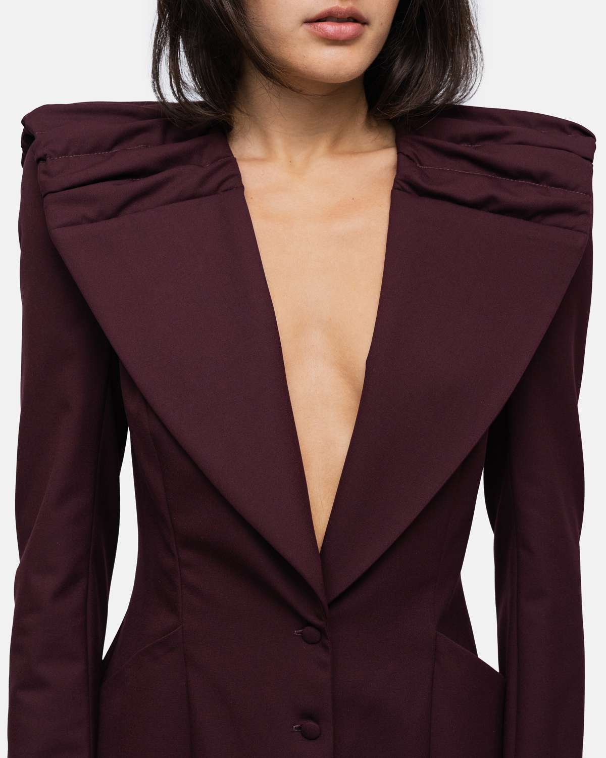 Vestido tipo Robemanteau gola drapeada formato capa nas costas Bordeaux-4