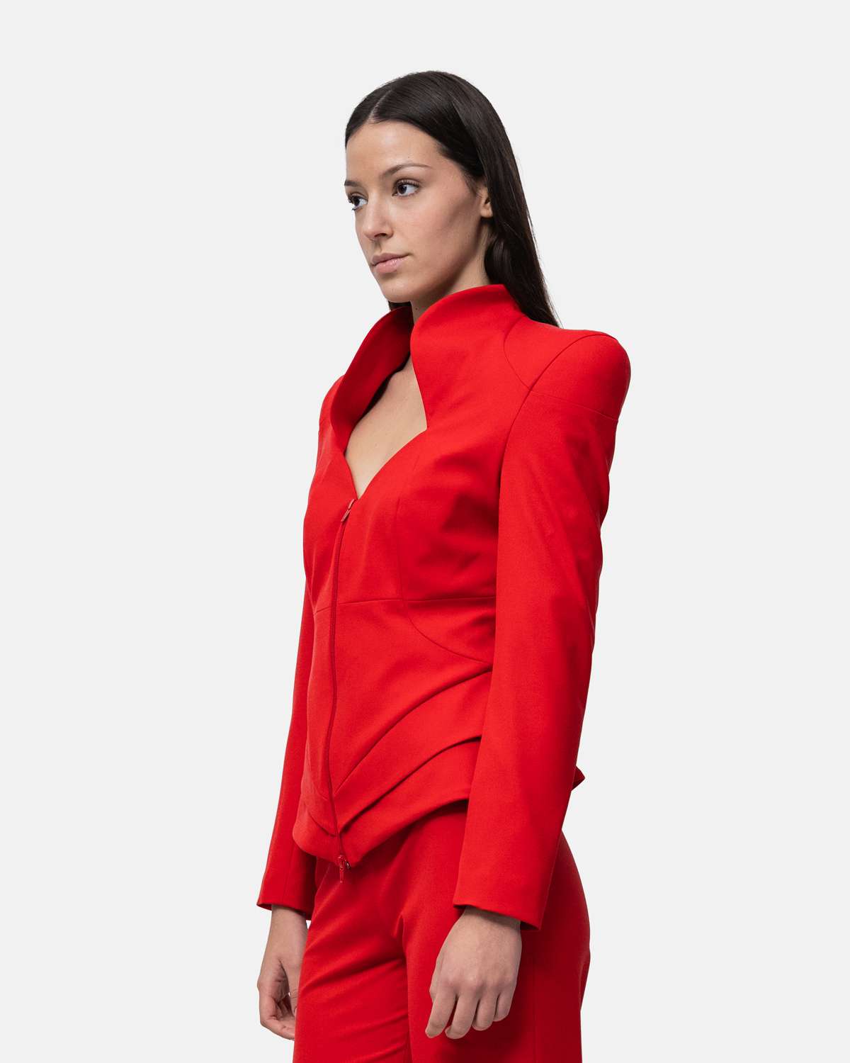 Blazer cintado com gola subida pregas a delinear as ancas - Preto Vermelho-2