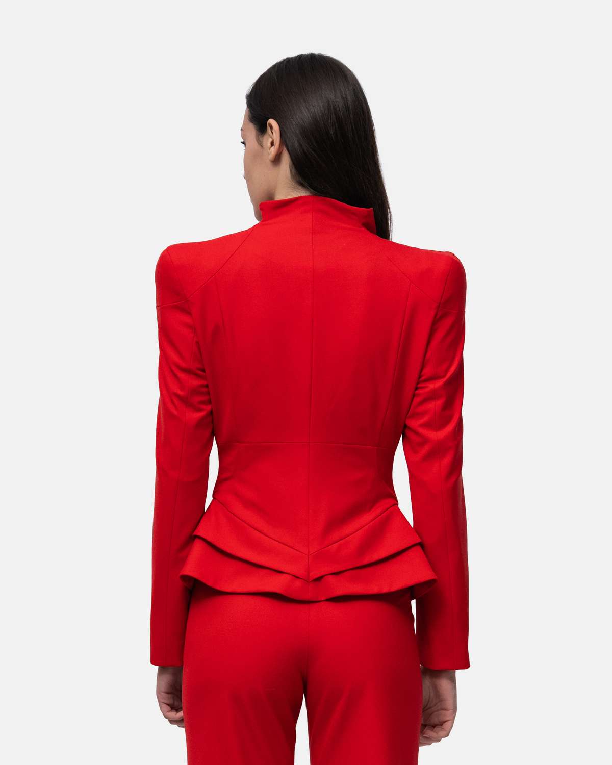 Blazer cintado com gola subida pregas a delinear as ancas - Preto Vermelho-3