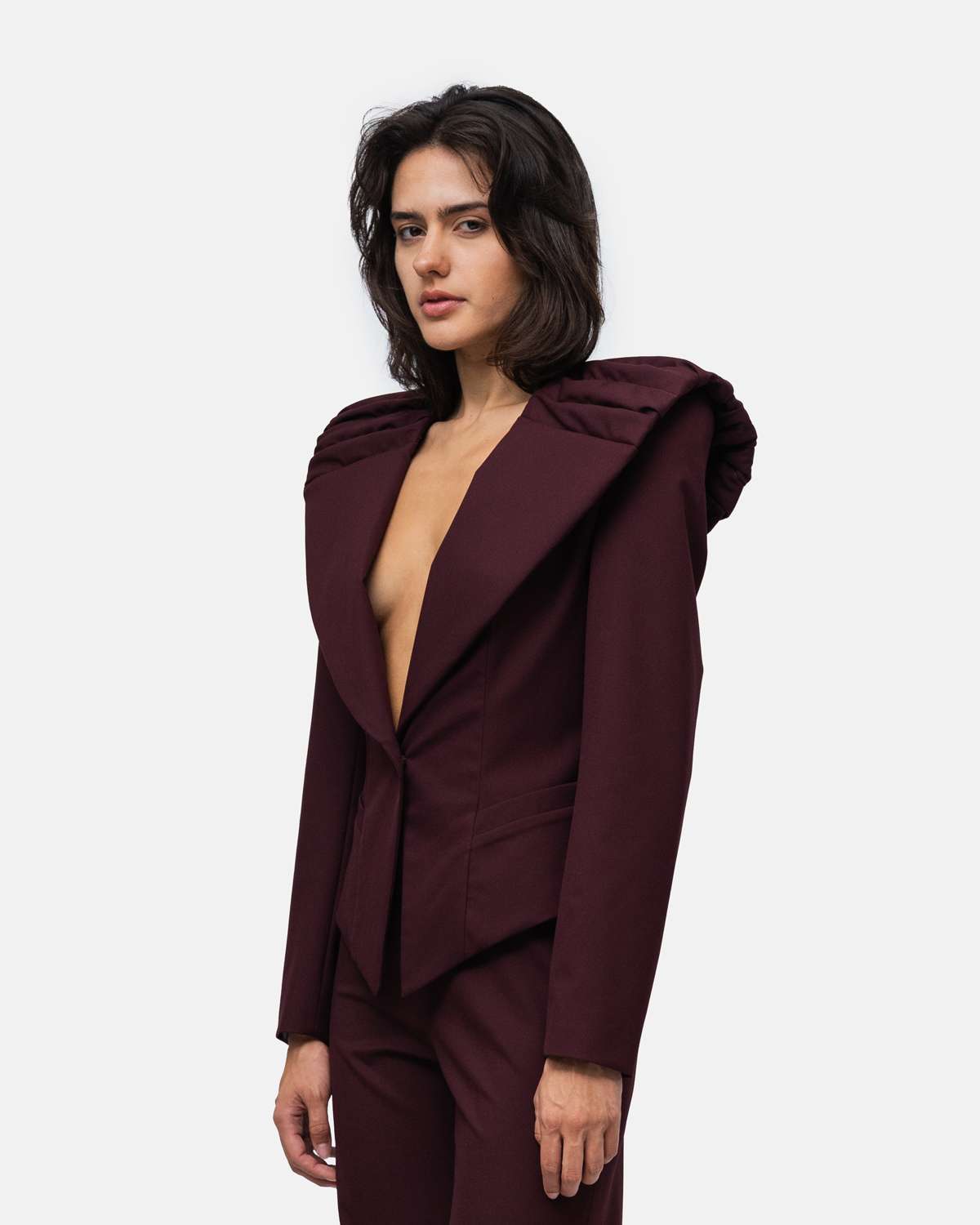 Blazer cintado assimétrico gola larga drapeada Bordeaux-2