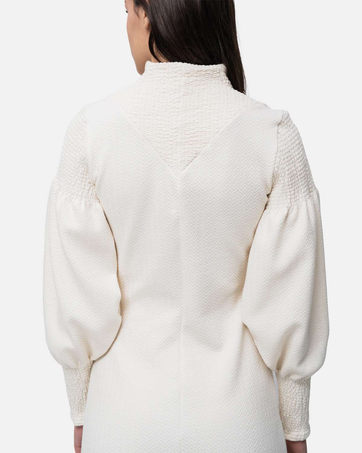 Vestido malha midi evasé com gola e mangas com pontos de elástico Bege-5