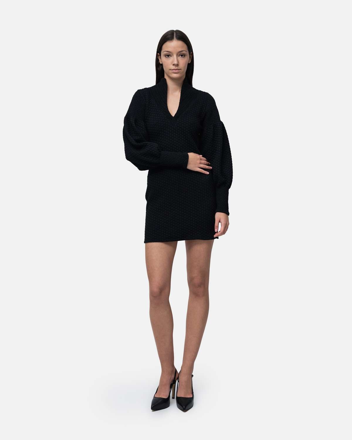 Imagem 0 de Vestido malha curto justo com gola e mangas com pontos de elástico - Vermelho