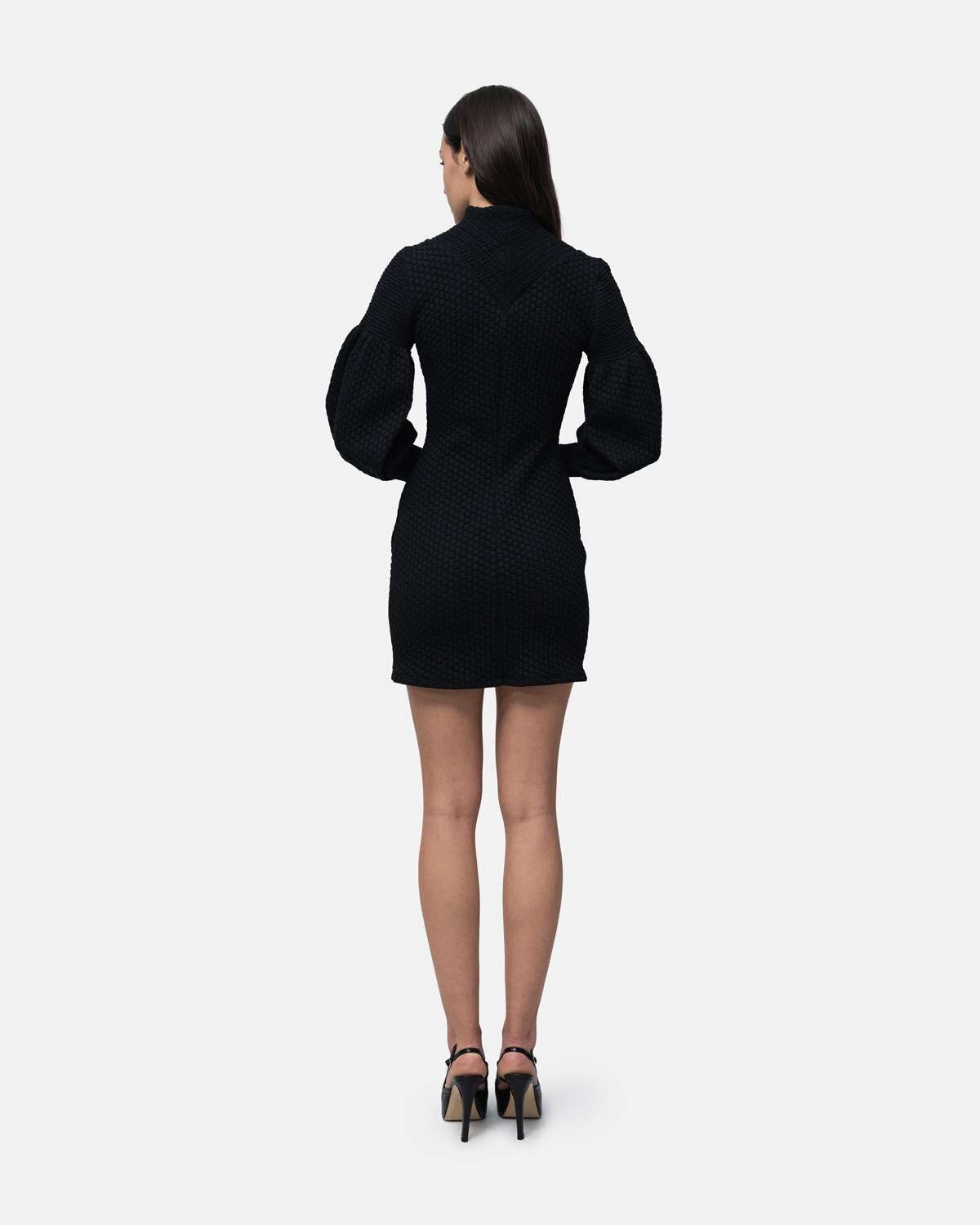 Vestido malha curto justo com gola e mangas com pontos de elástico - Vermelho Preto-3