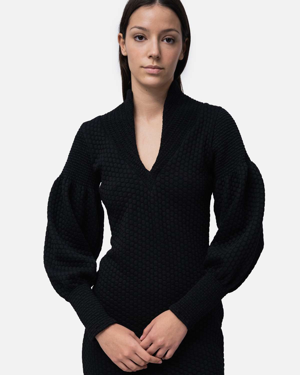 Vestido malha curto justo com gola e mangas com pontos de elástico - Vermelho Preto-4