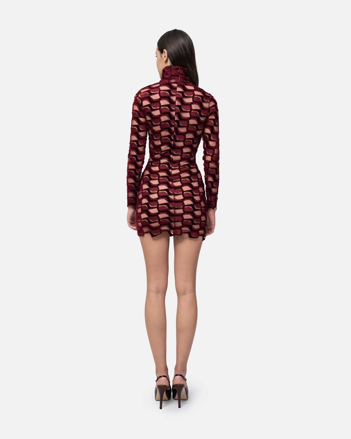Vestido justo curto gola alta manga comprida em malha texturizada em veludo Bordeaux-3