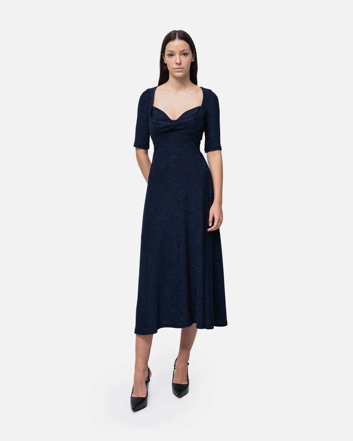 Imagem 0 de Vestido em malha lurex midi decote com sobreposição manga cotovelo