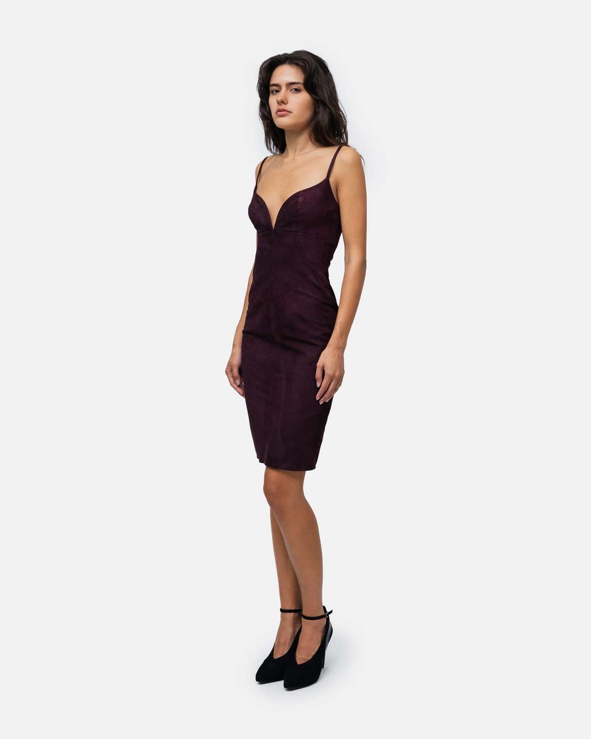 Vestido justo pelo joelho com alças e decote princesa em camurça Bordeaux-2