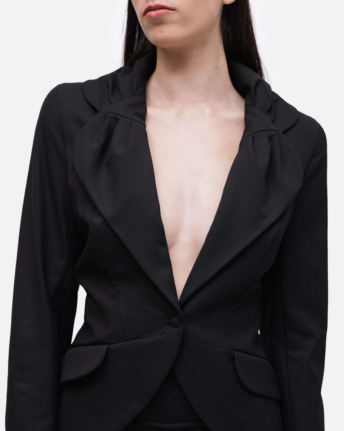 Blazer cintado com ombros altos e gola gráfica em forma de Flor Preto-3