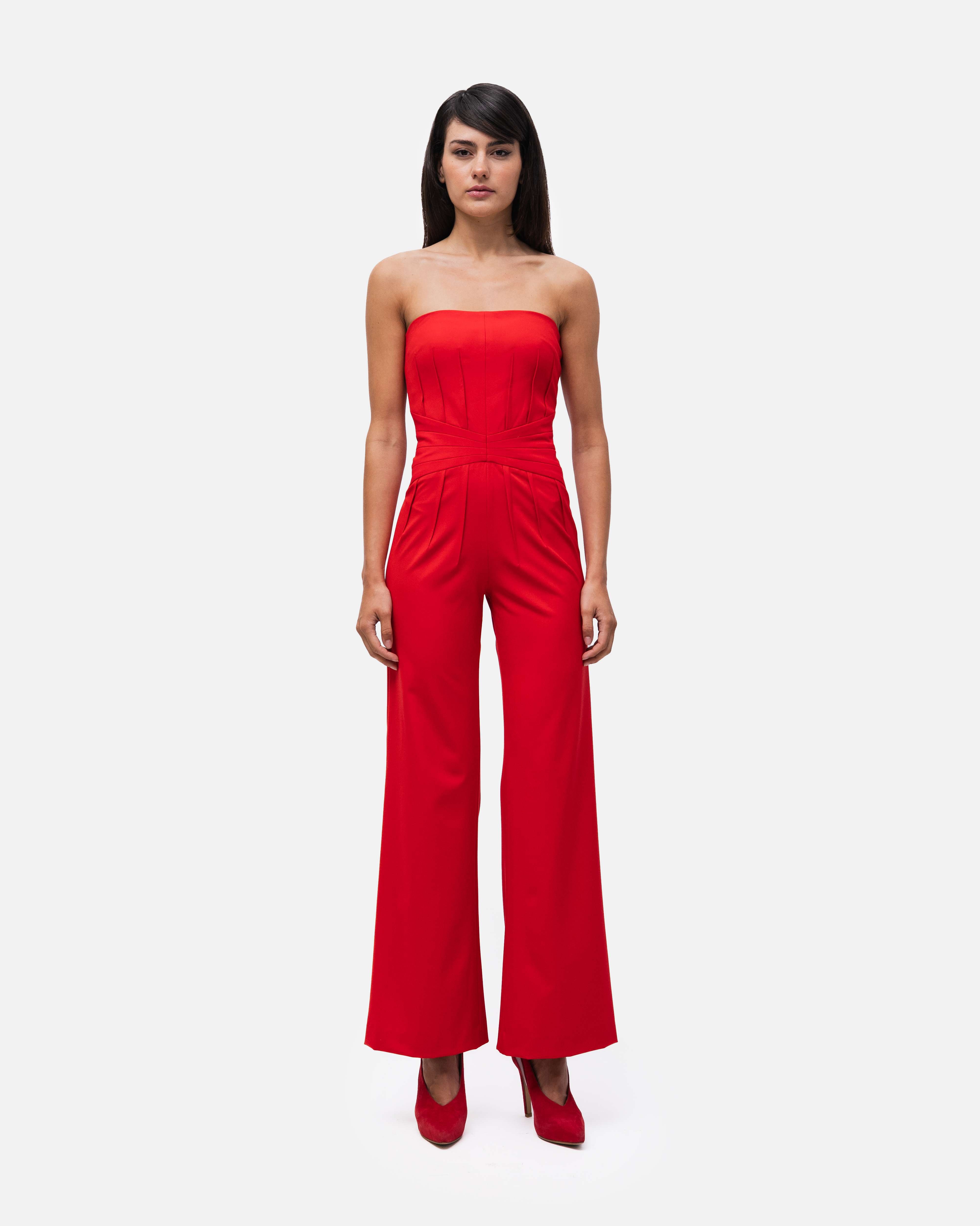 Macacão cai-cai corpo todo em nervuras e perna larga - Vermelho Vermelho-1