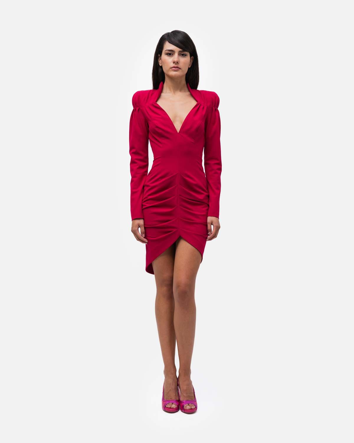 Vestido pelo joelho manga comprida todo drapeado em assimetria - Rosa Rosa-1