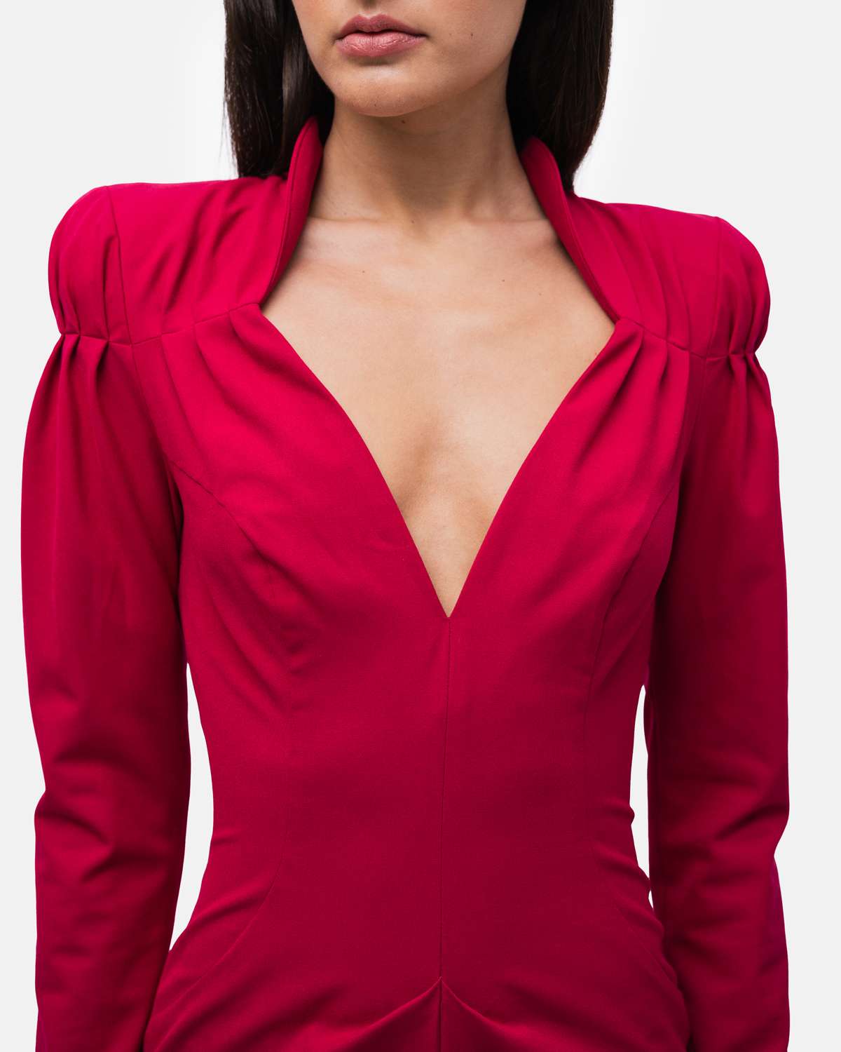 Vestido pelo joelho manga comprida todo drapeado em assimetria - Rosa Rosa-2