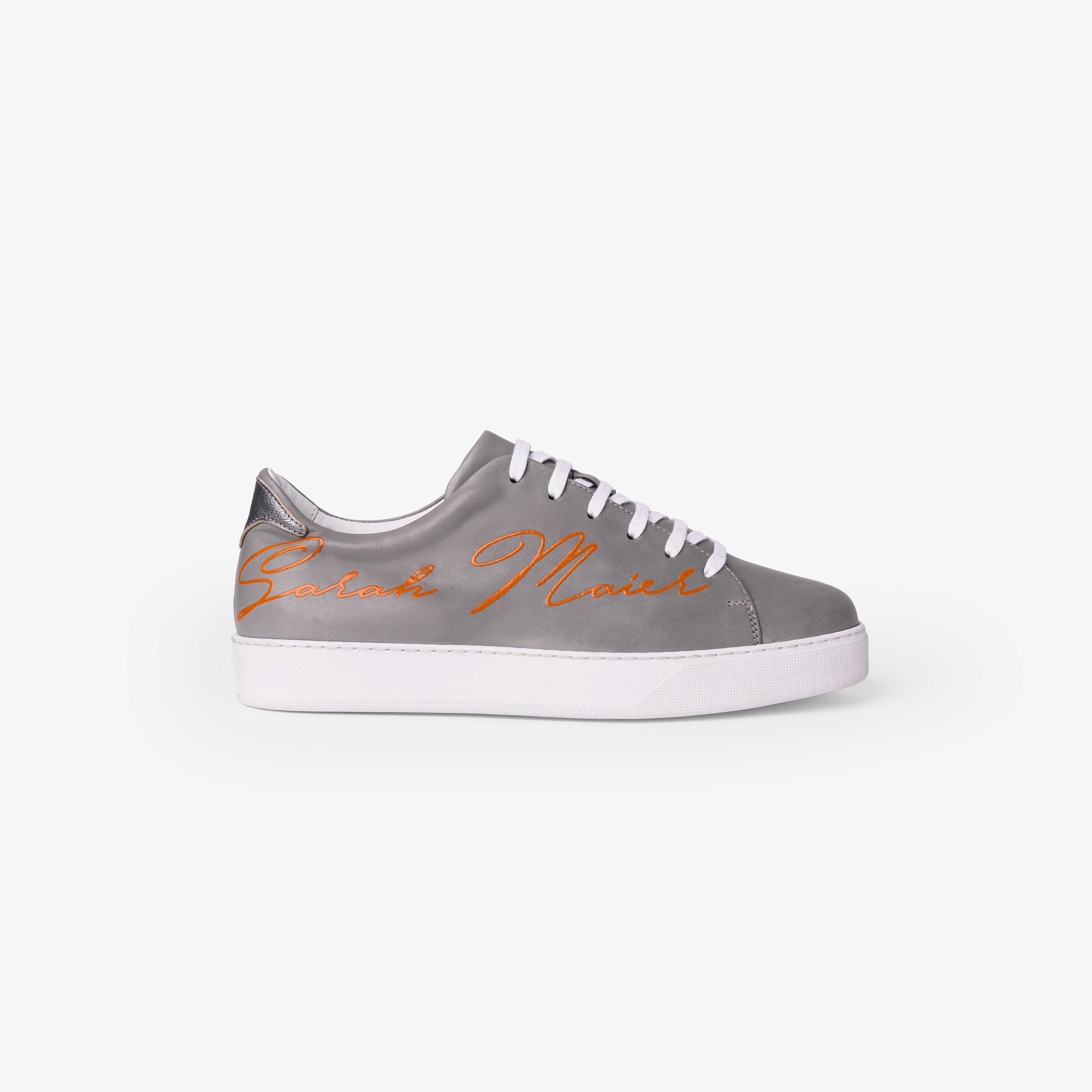 Sapatilhas em pele cinza  e detalhe laranja Gray-3