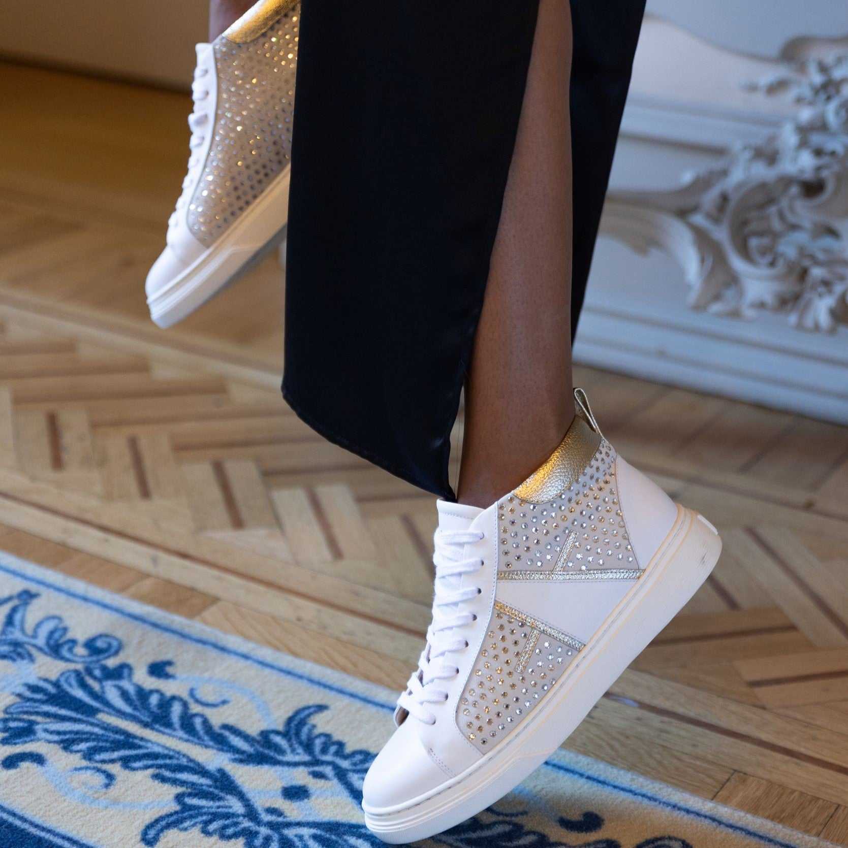 Sapatilhas pele branca e cristais swarovski Branco-2
