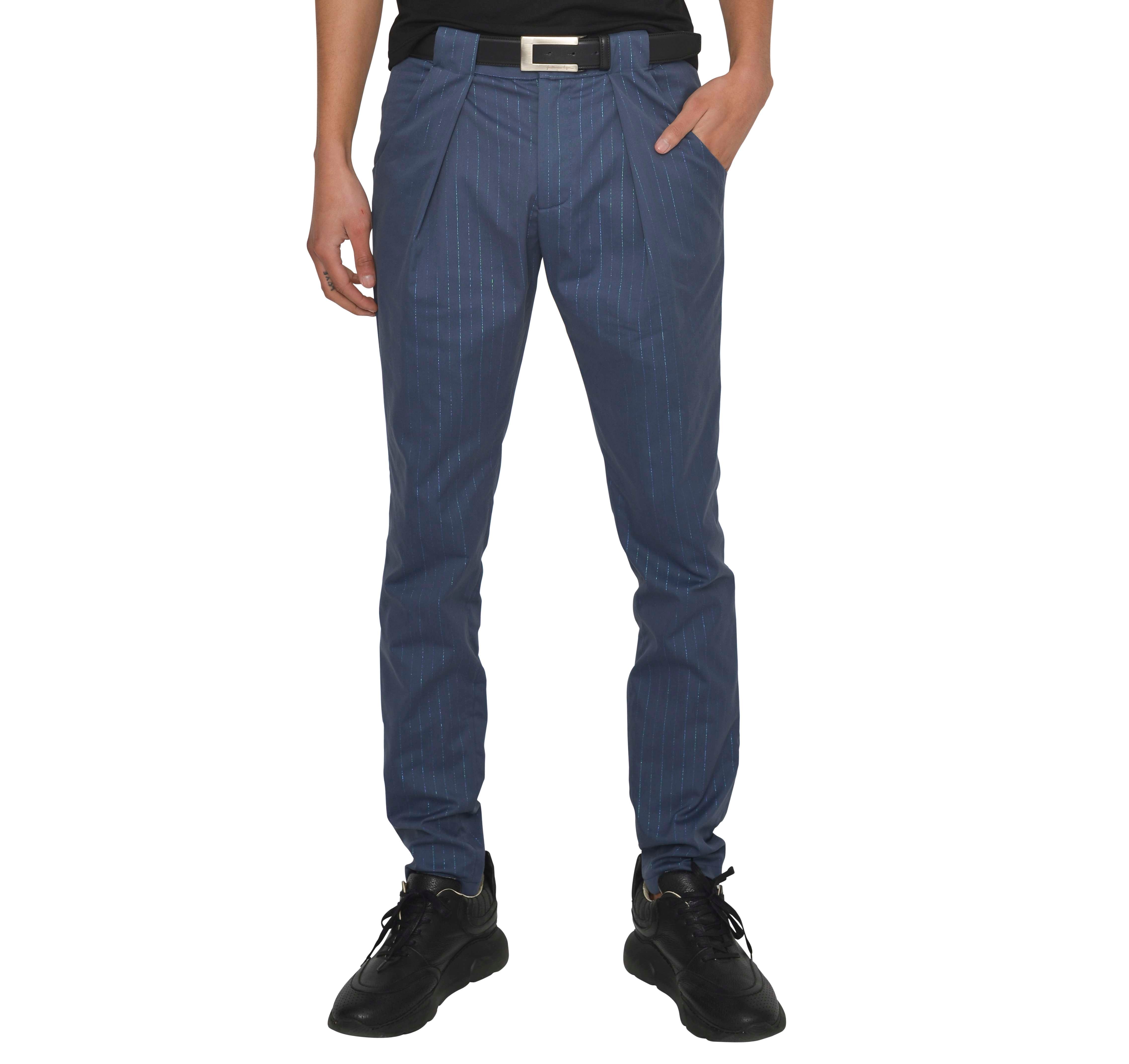 Calça com pregas e presilhas incorporadas - Azul Azul-2