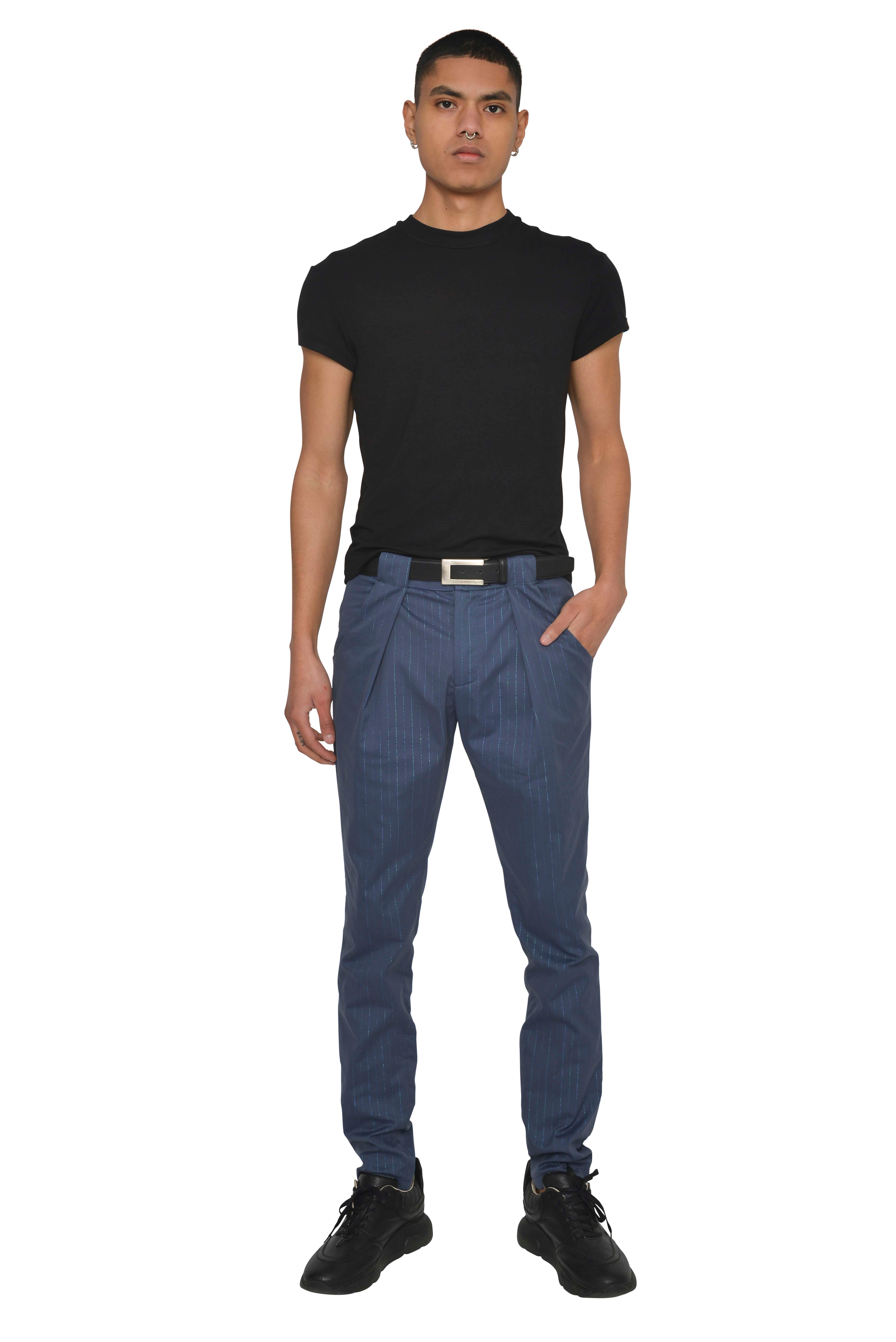 Calça com pregas e presilhas incorporadas - Azul Azul-4