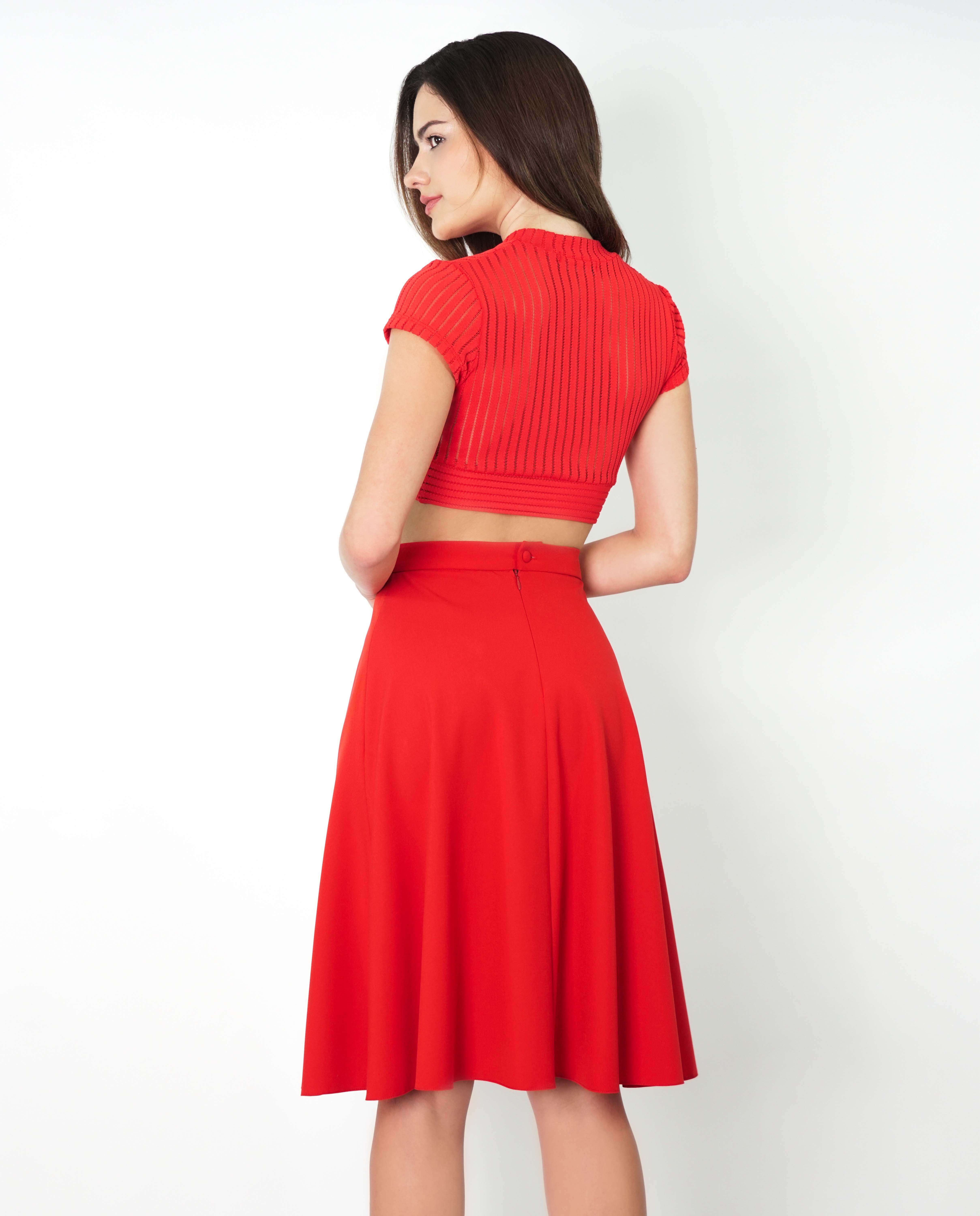 Saia pelo joelho assimétrica metade pregas - Vermelho Vermelho-4