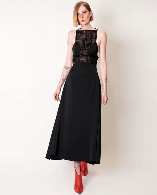 Imagem 0 de Vestido Midi corpo gráfico mix Renda e Seda - Preto