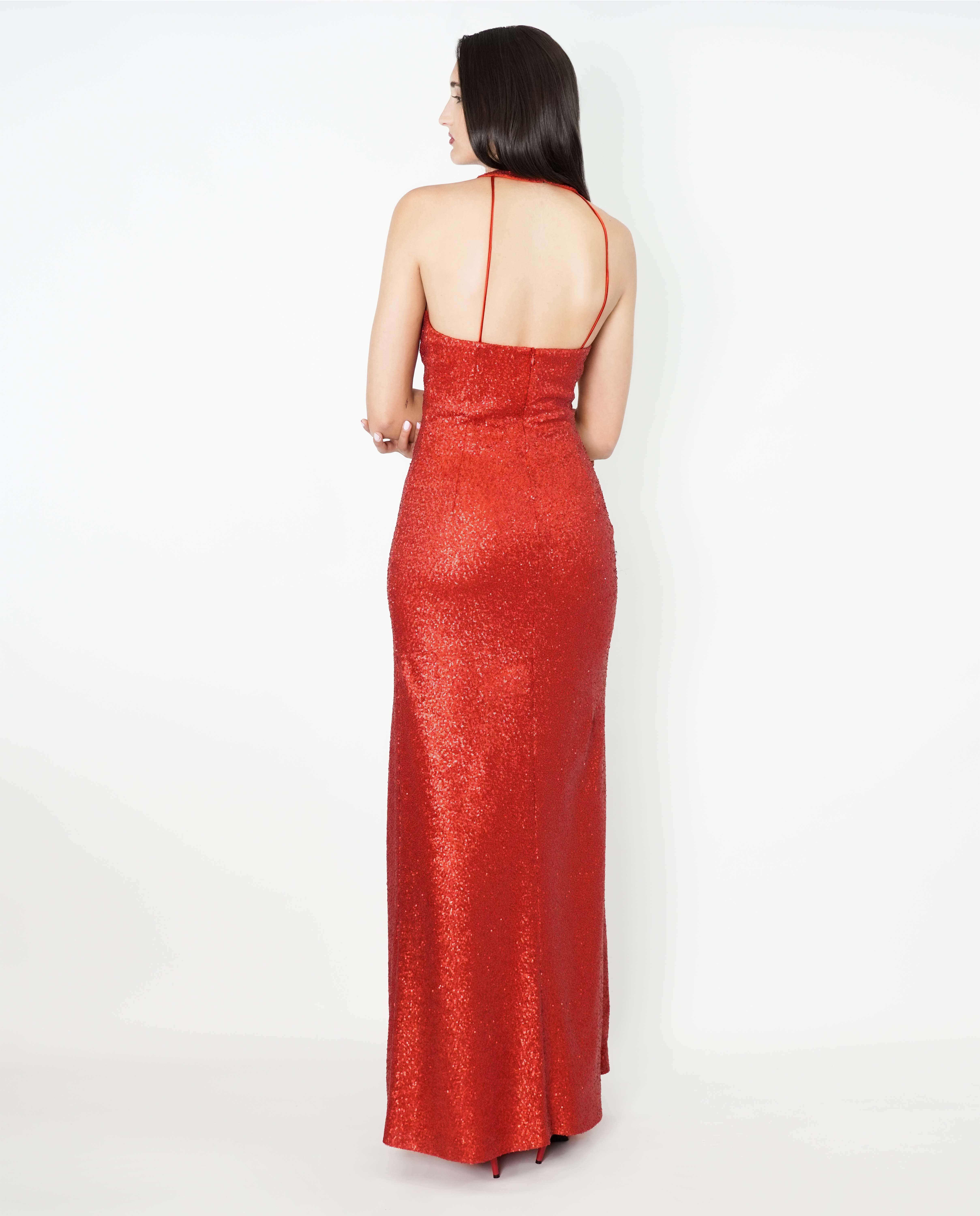 Vestido noite comprido em Lantejoulas decote gráfico Vermelho-4
