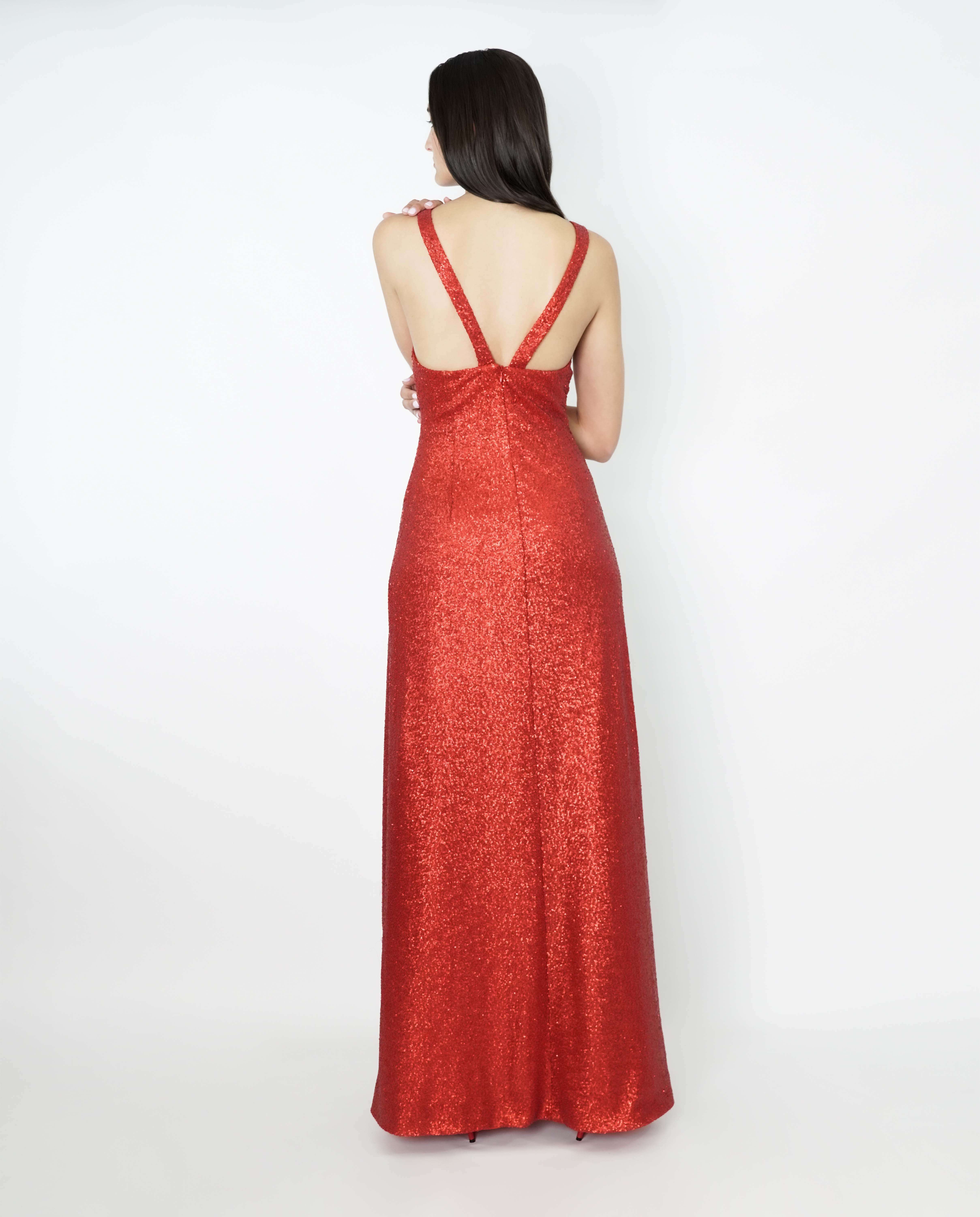 Vestido comprido em Lantejoulas com racha numa perna - Vermelho Vermelho-4