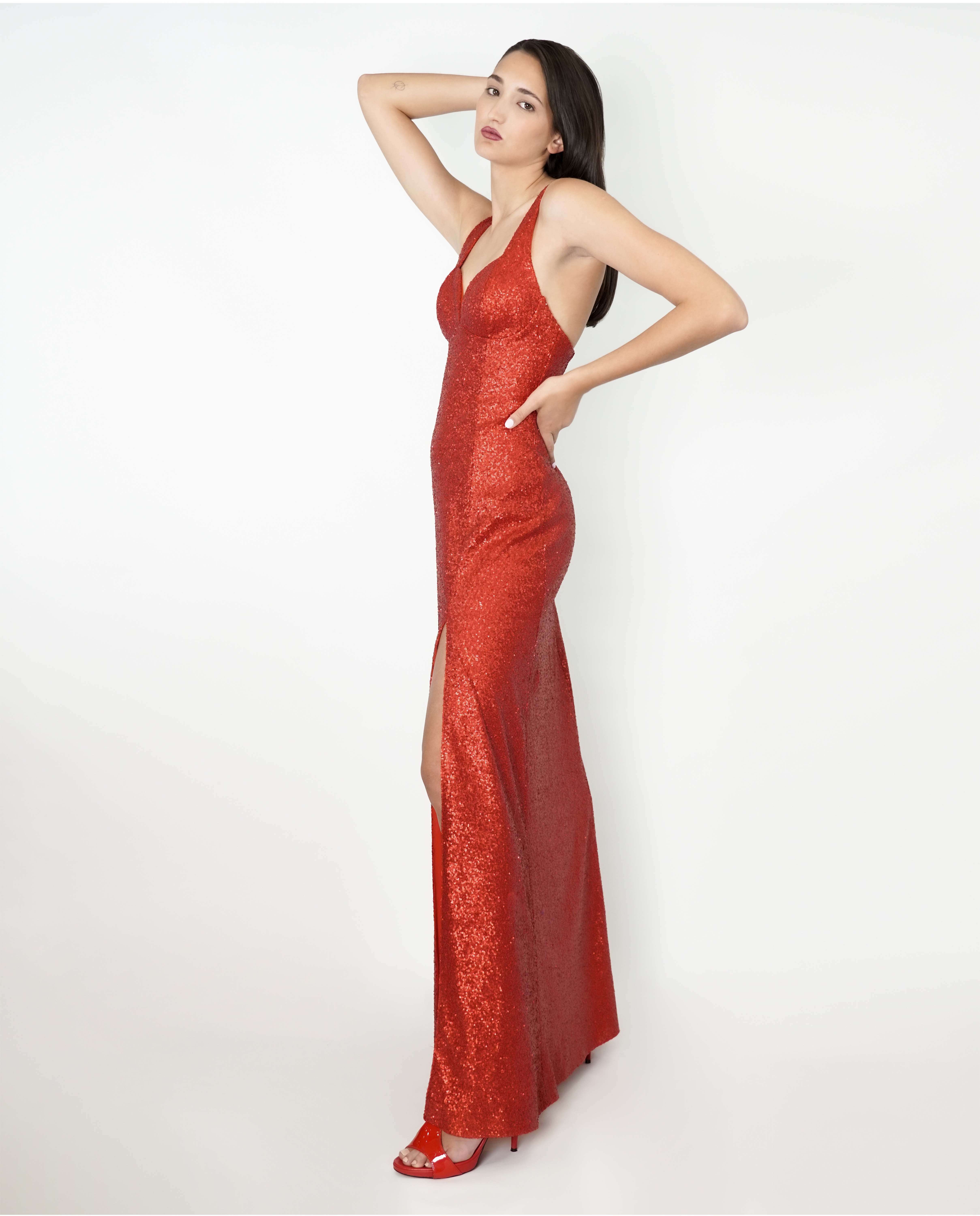 Vestido comprido em Lantejoulas com racha numa perna - Vermelho Vermelho-5