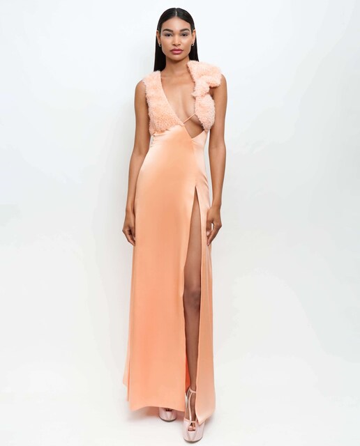 Imagem 0 de Vestido comprido seda e tule texturizado assimétrico racha lateral - Coral