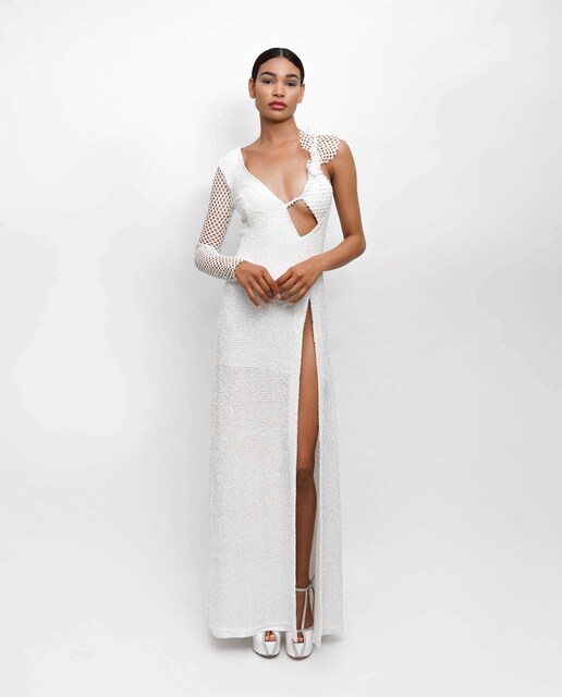Imagem 0 de Vestido comprido lantejoulas 1 manga laço em renda assimétrico - Branco