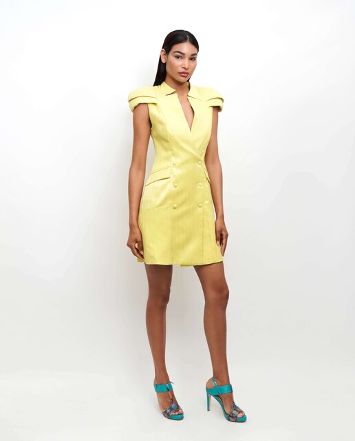 Imagem 0 de Vestido curto golas gráficas dupla manga ombros altos e largos - Amarelo