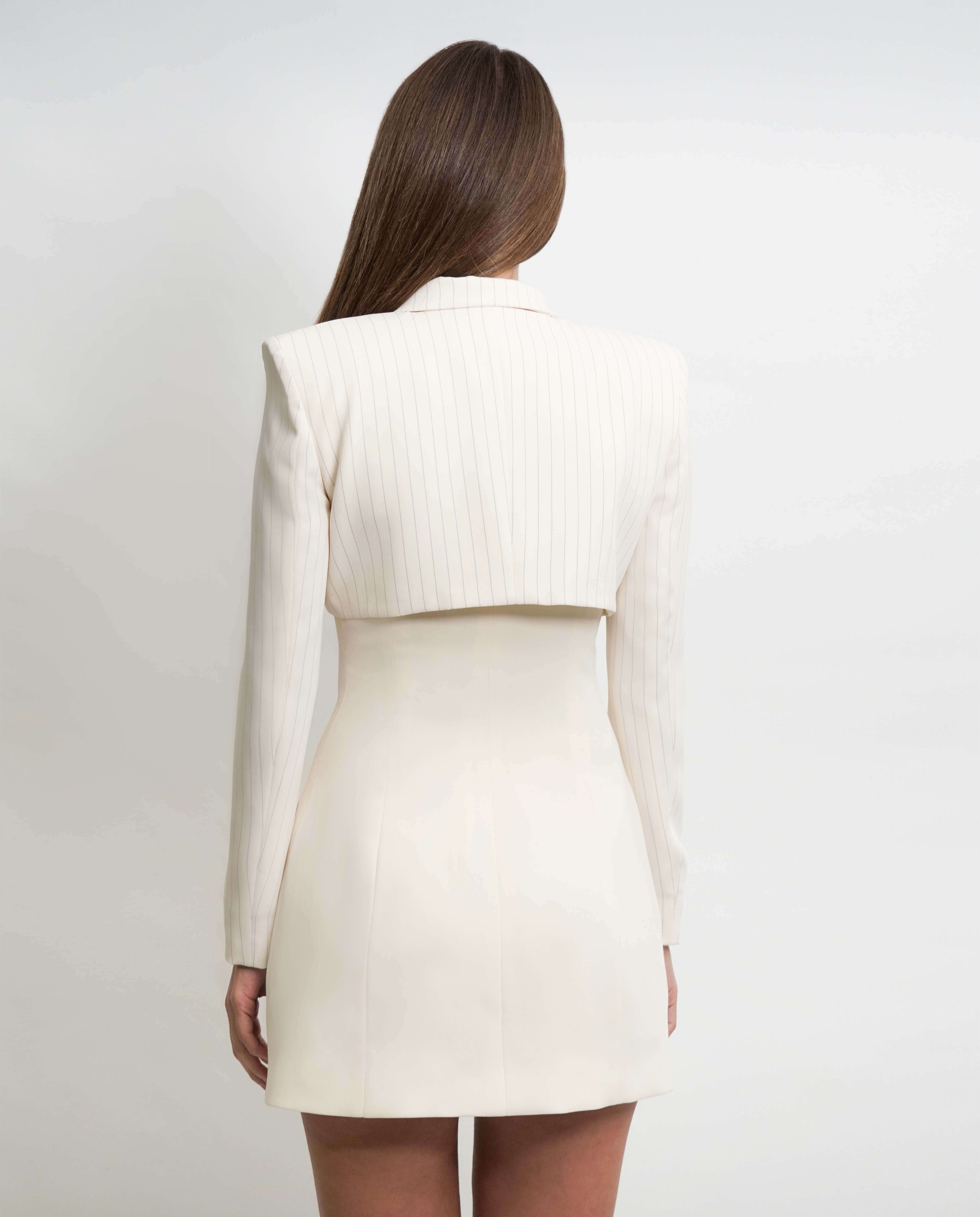 Vestido curto robemanteau risca giz manga comprida - Bege Bege-3