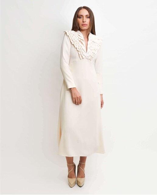 Imagem 0 de Vestido midi evasé risca giz decote V com mini folhinhos - Bege