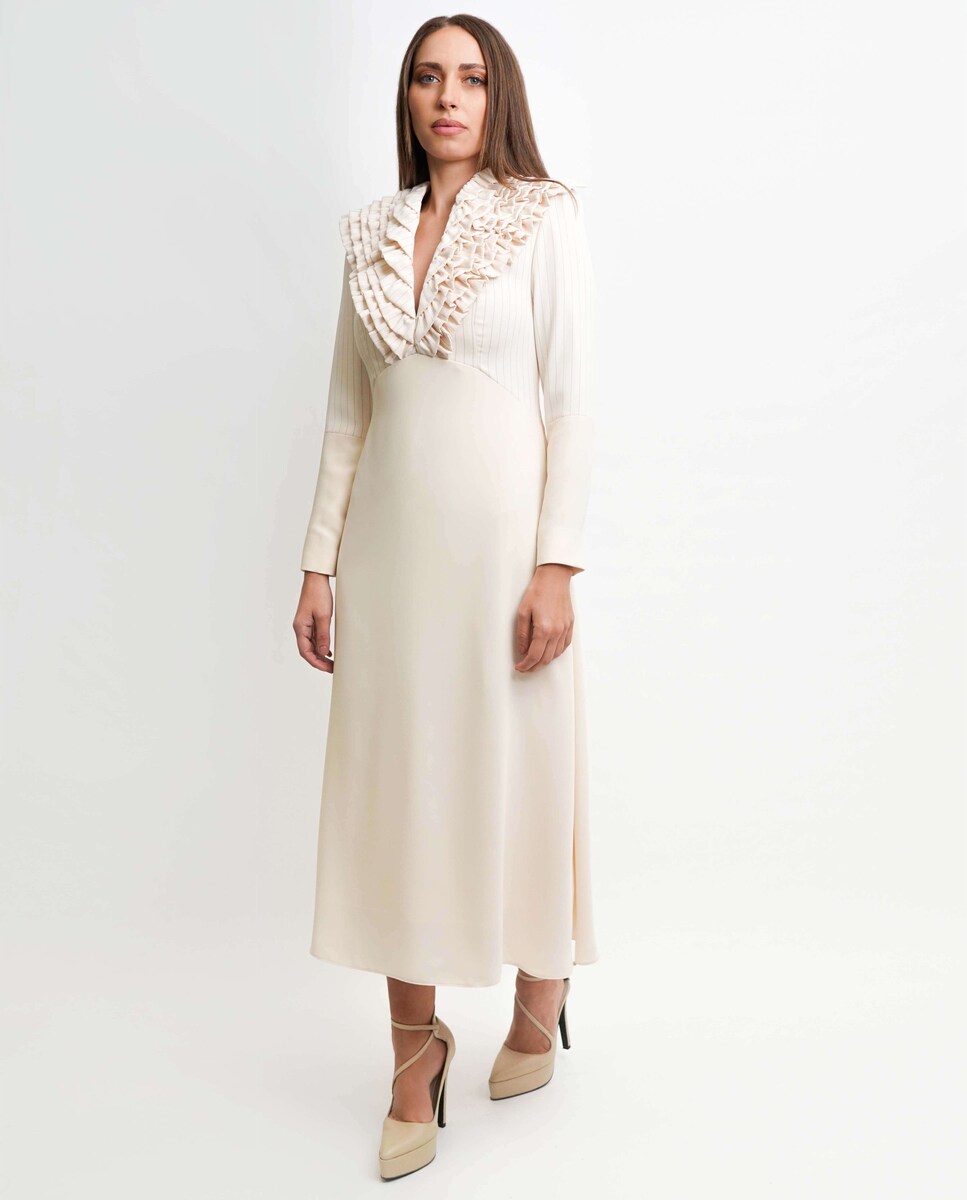 Vestido midi evasé risca giz decote V com mini folhinhos - Bege Bege-2