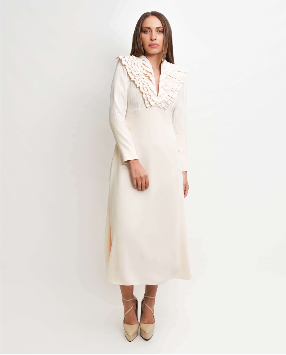 Vestido midi evasé risca giz decote V com mini folhinhos - Bege Bege-5
