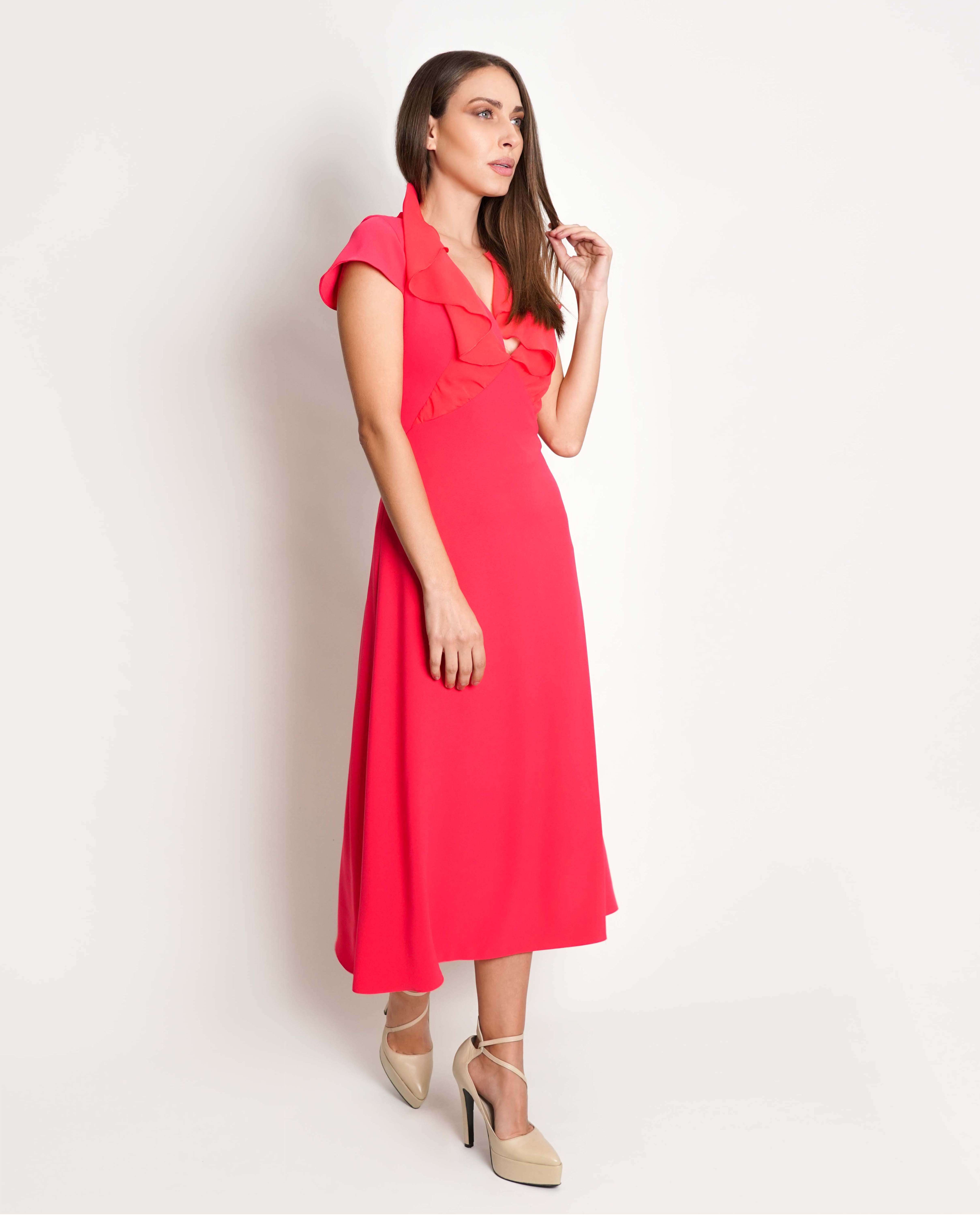 Vestido midi decote em V com drapeado gráfico Rosa-2