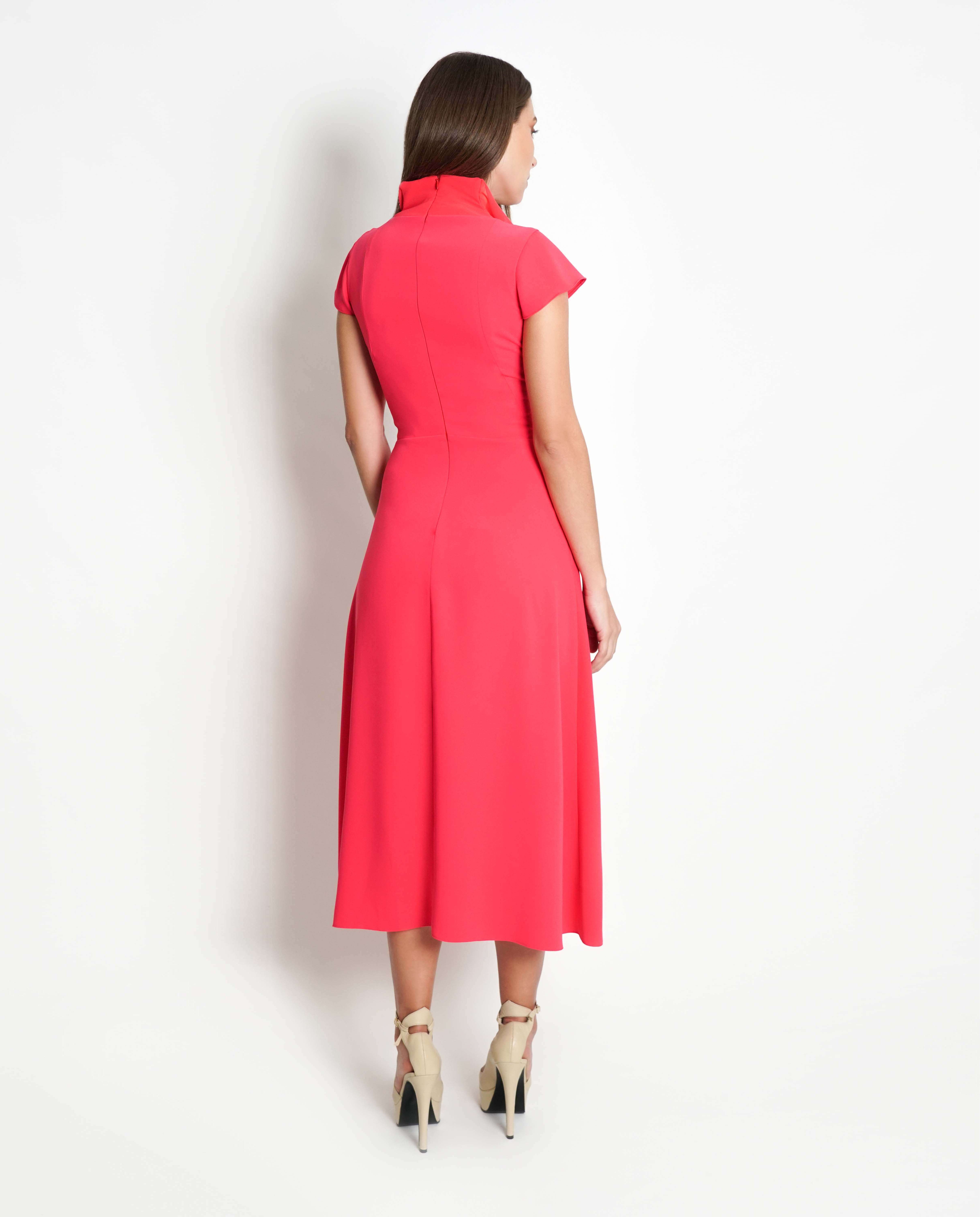 Vestido midi decote em V com drapeado gráfico Rosa-3