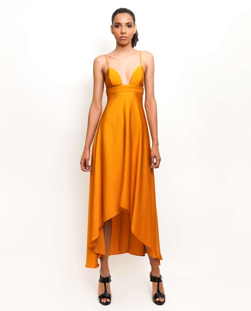 Imagem 0 de Vestido midi com saia em godés assimétrica e alças finas - Amarelo
