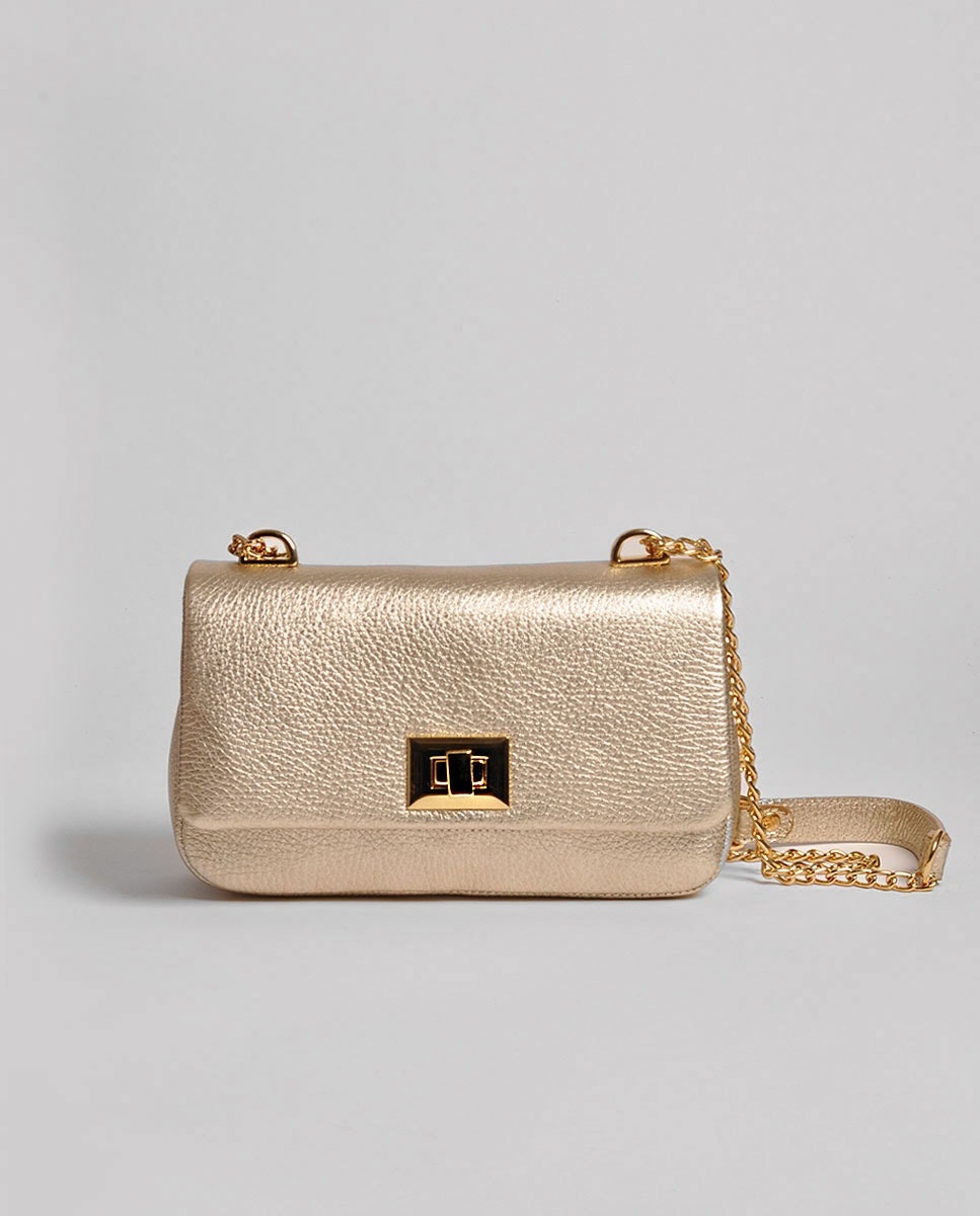 Imagem 0 de Mala de Ombro Pequena em Pele - Laminado Champanhe