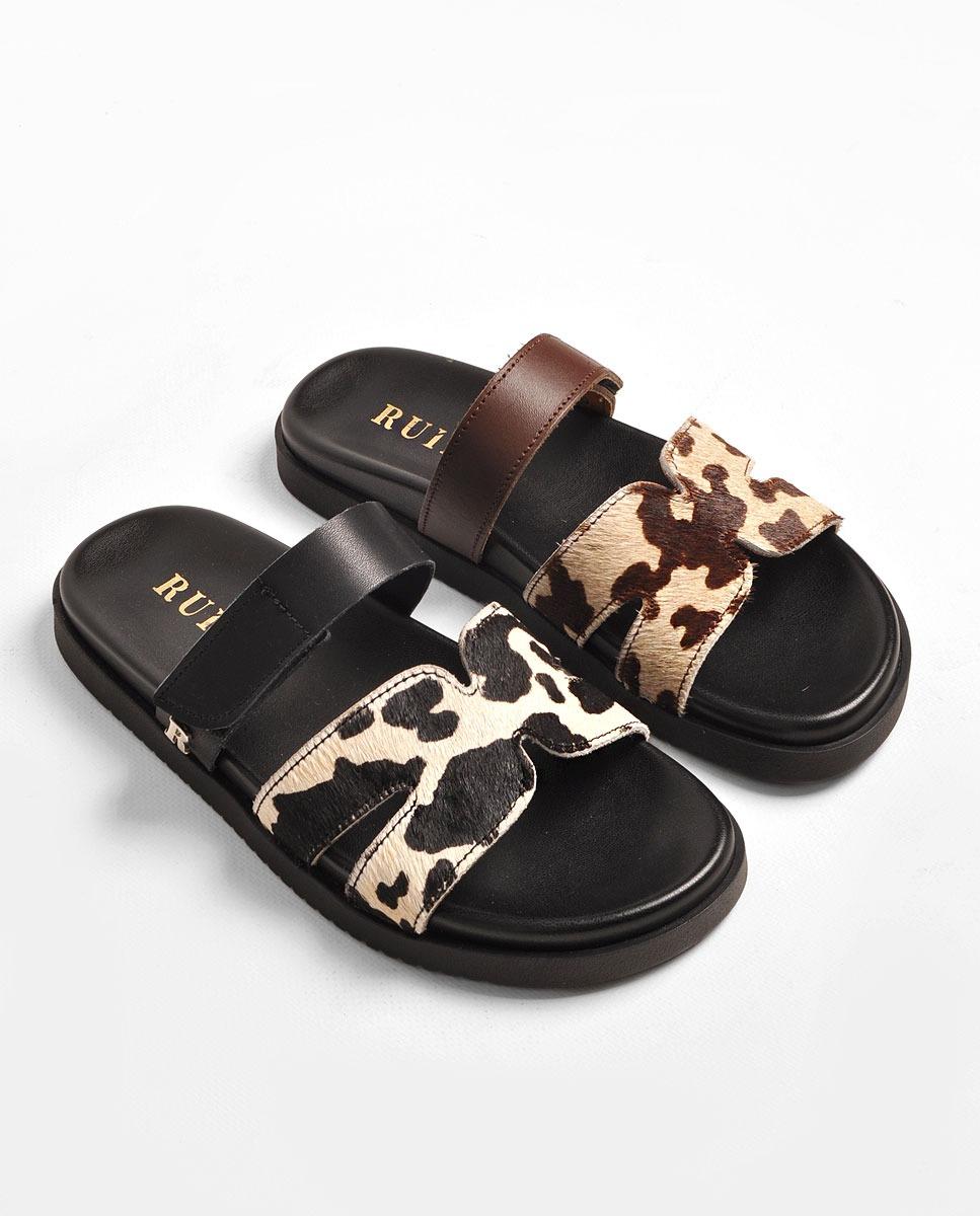 Chinelo em Pelo de Vaca Castanho Estampado-2
