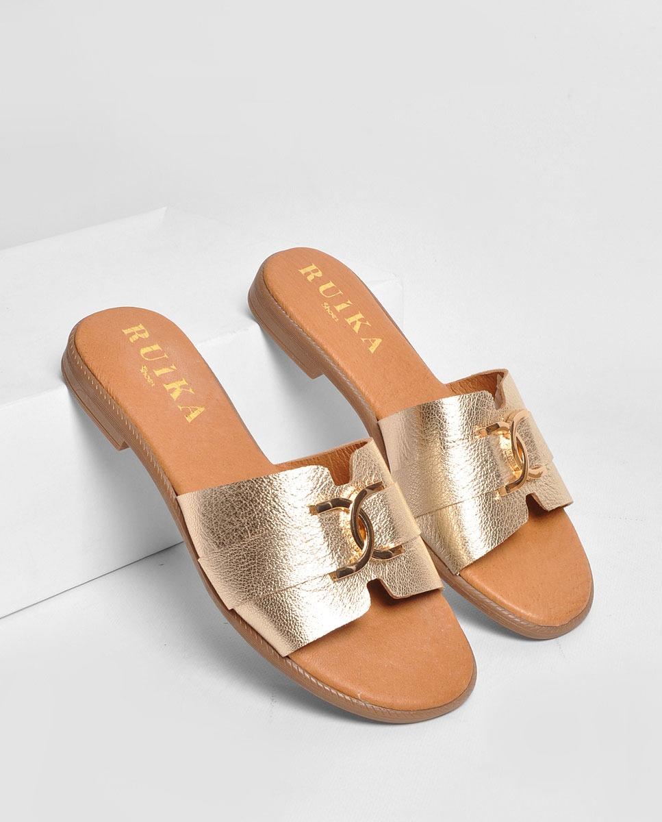Chinelo em Pele Laminado Platino Dourado-2