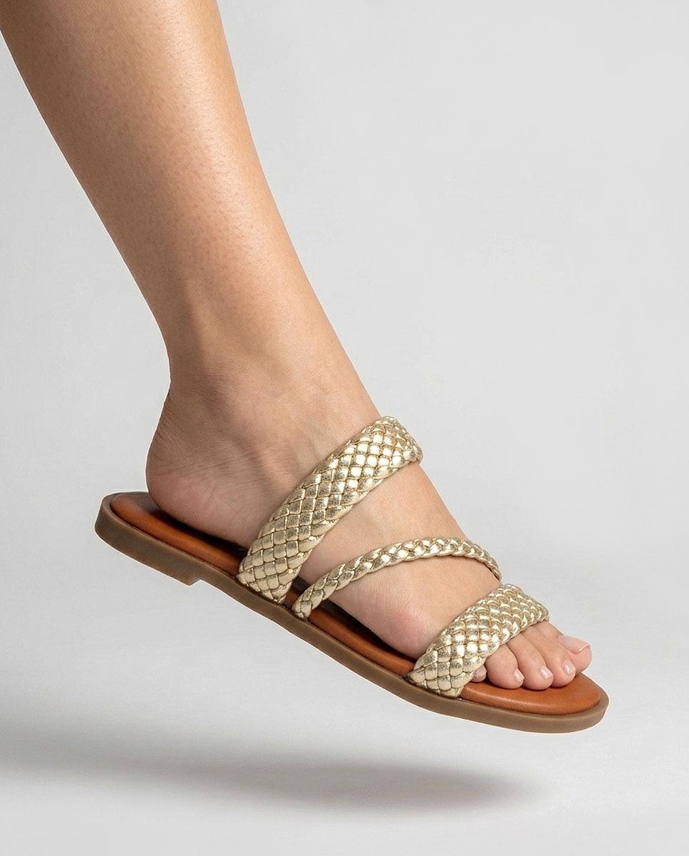 Chinelo em Pele Laminado Platino Dourado-2