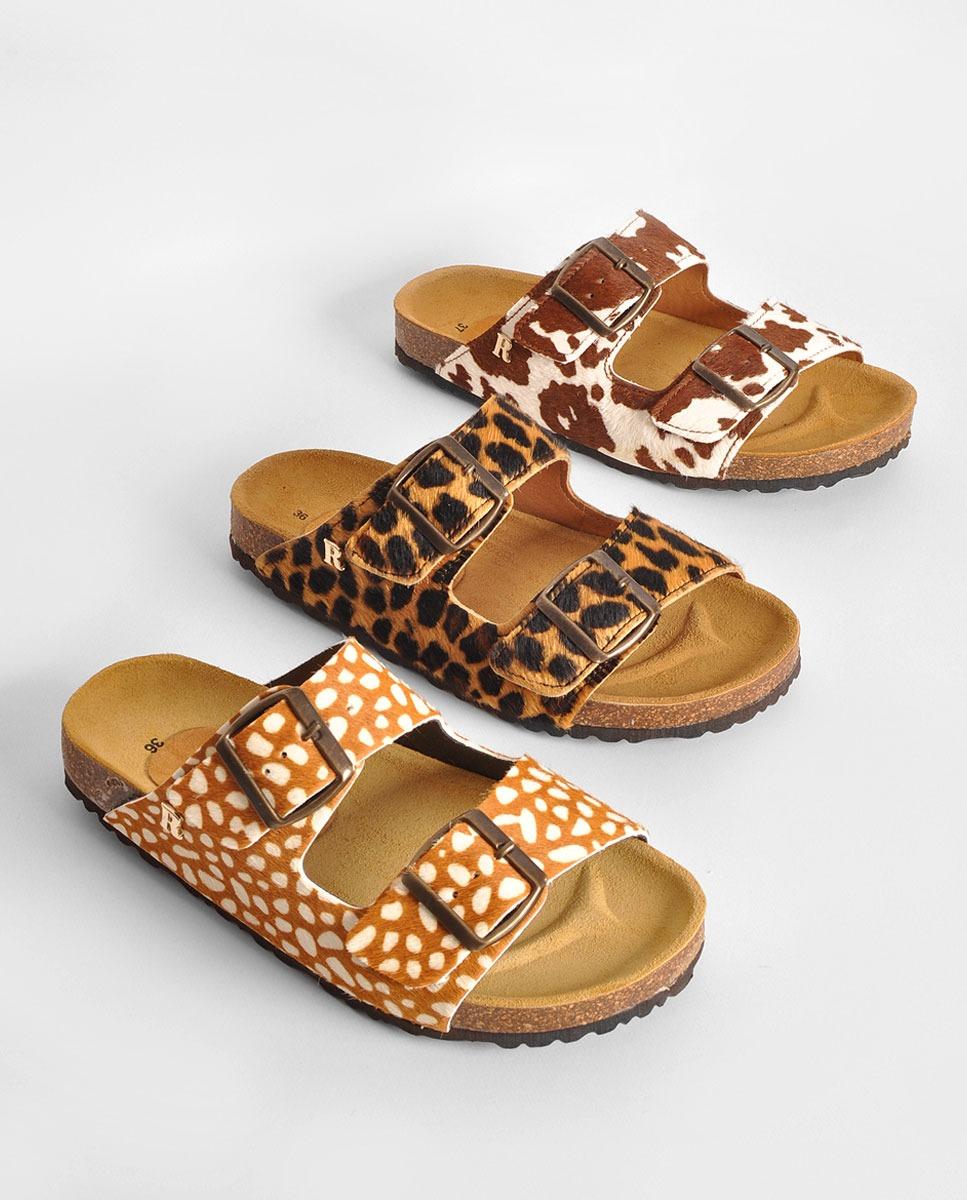 Chinelo em Pelo Vaca Castanha Estampado-2