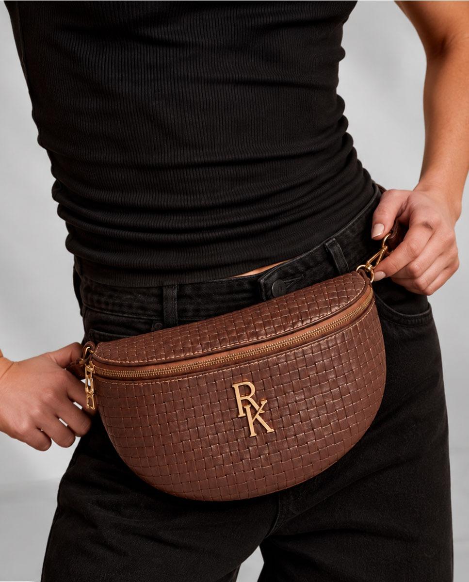 Bolsa de Cintura Pequena em Pele Entrançado Castanho Castanho-2