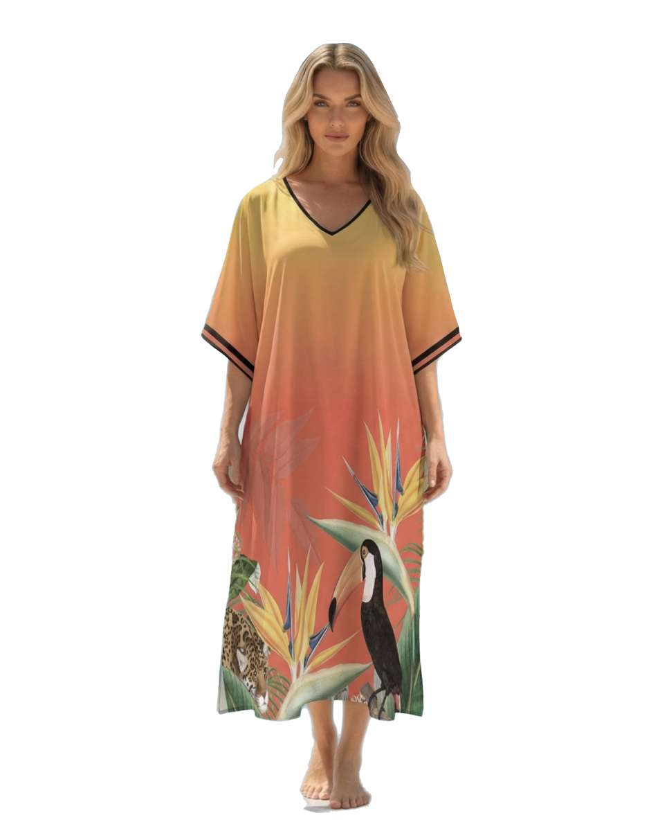 Kaftan comprido super suave com um padrão tropical Laranja-2