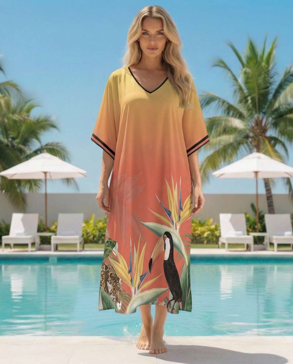 Kaftan comprido super suave com um padrão tropical Laranja-3