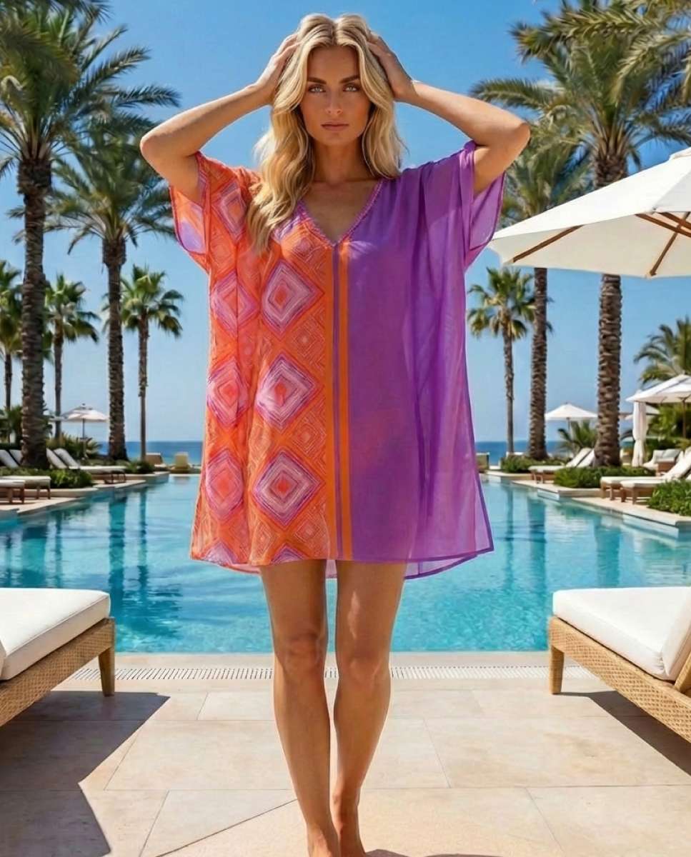 Kaftan curto super suave com um padrão losango exóticos Multicolor-3