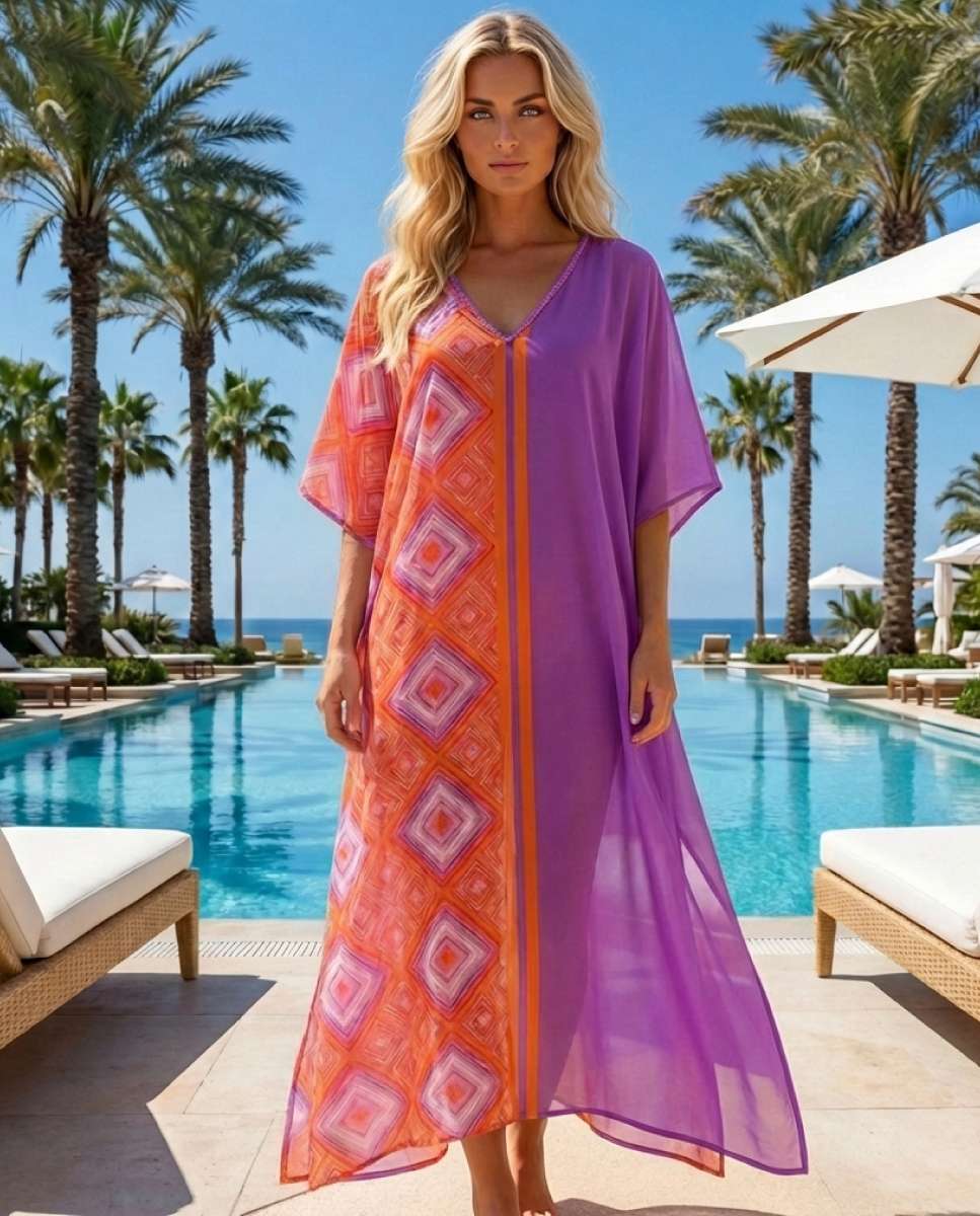 Kaftan comprido super suave com um padrão losango exóticos Multicolor-3