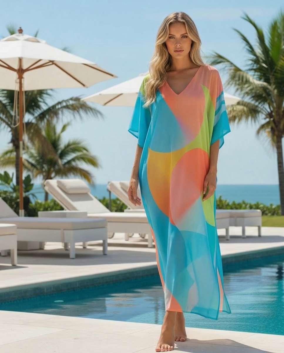 Kaftan comprido super suave com um padrão abstrato Multicolor-2