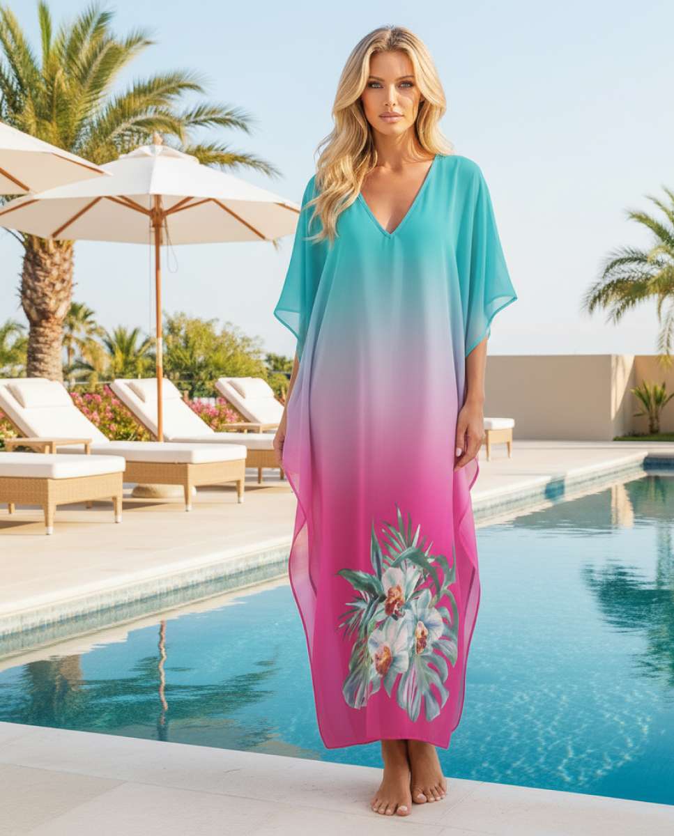 Kaftan comprido super suave com flores Multicolor-2