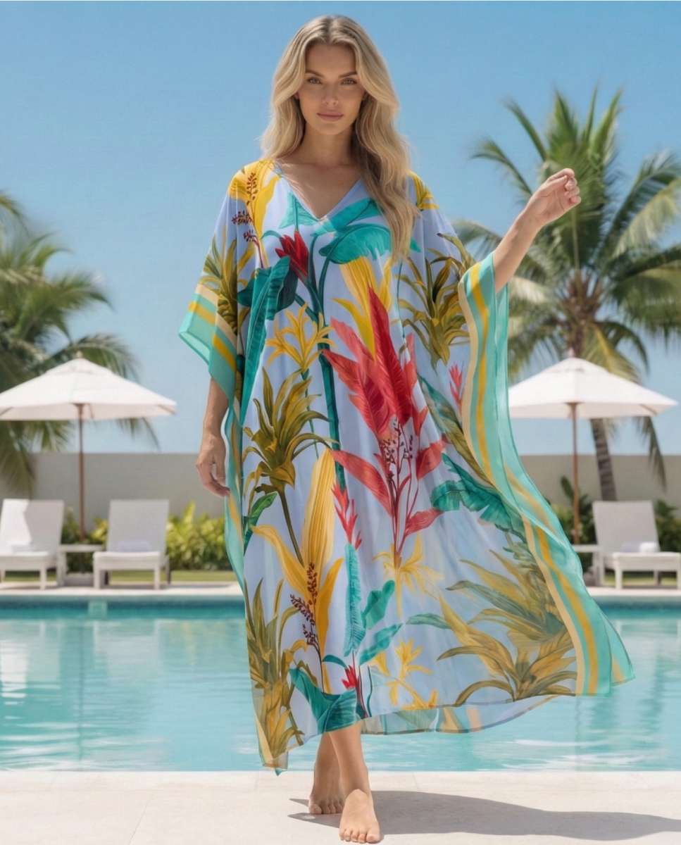 Kaftan comprido super suave com um padrão folhas Multicolor-2