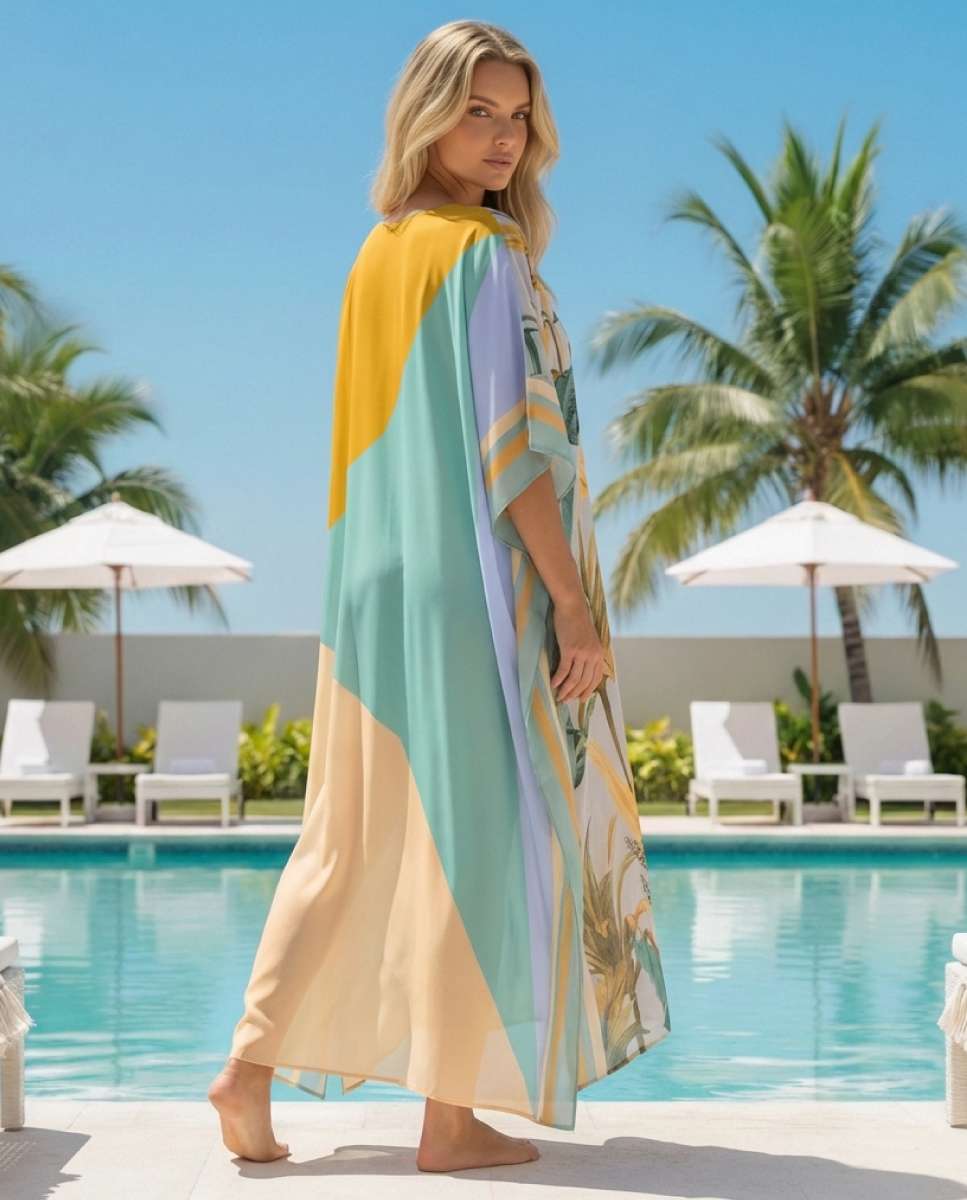 Kaftan comprido super suave com um padrão folhas Multicolor-3