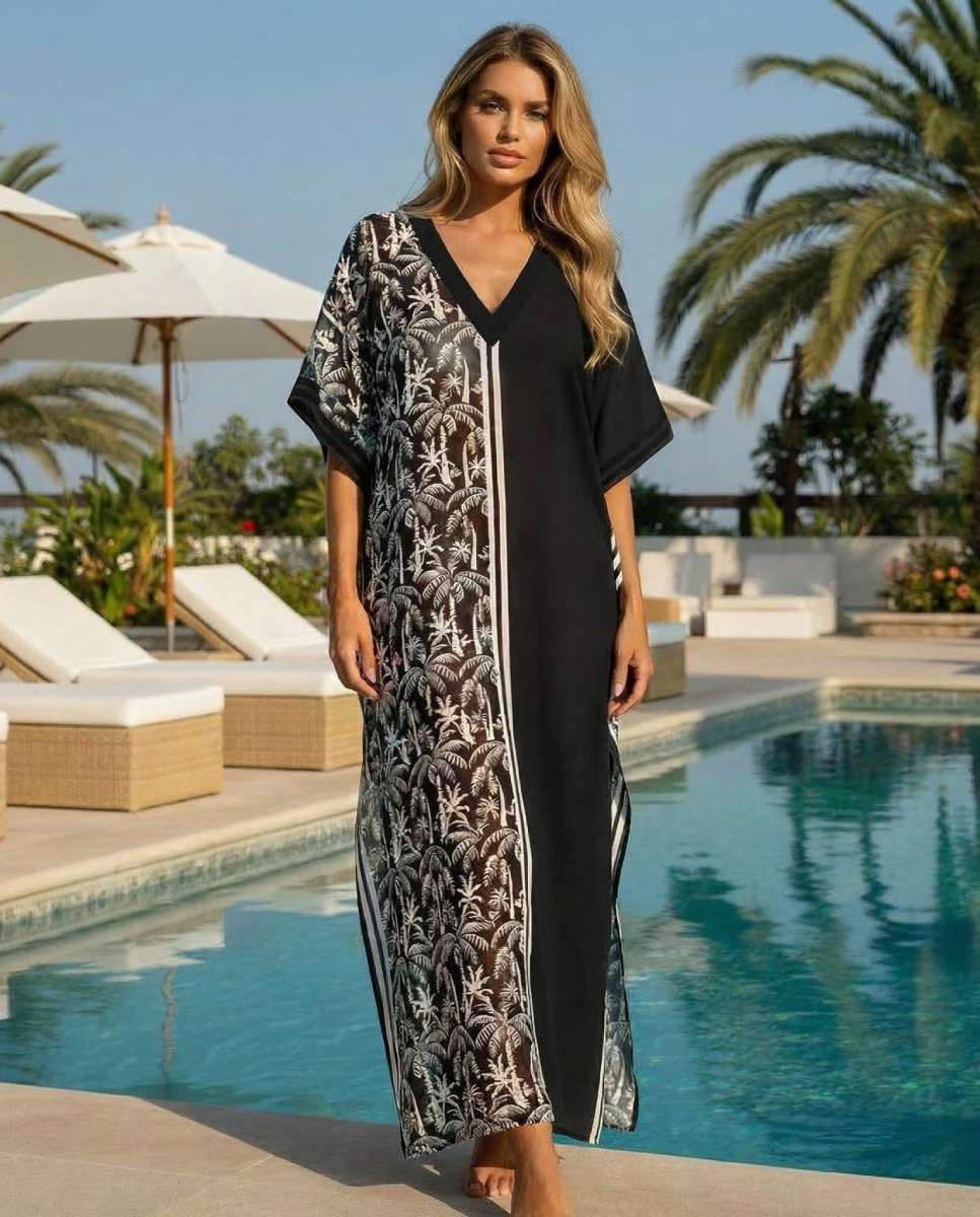 Kaftan comprido super suave com um padrão palmeiras Preto-2