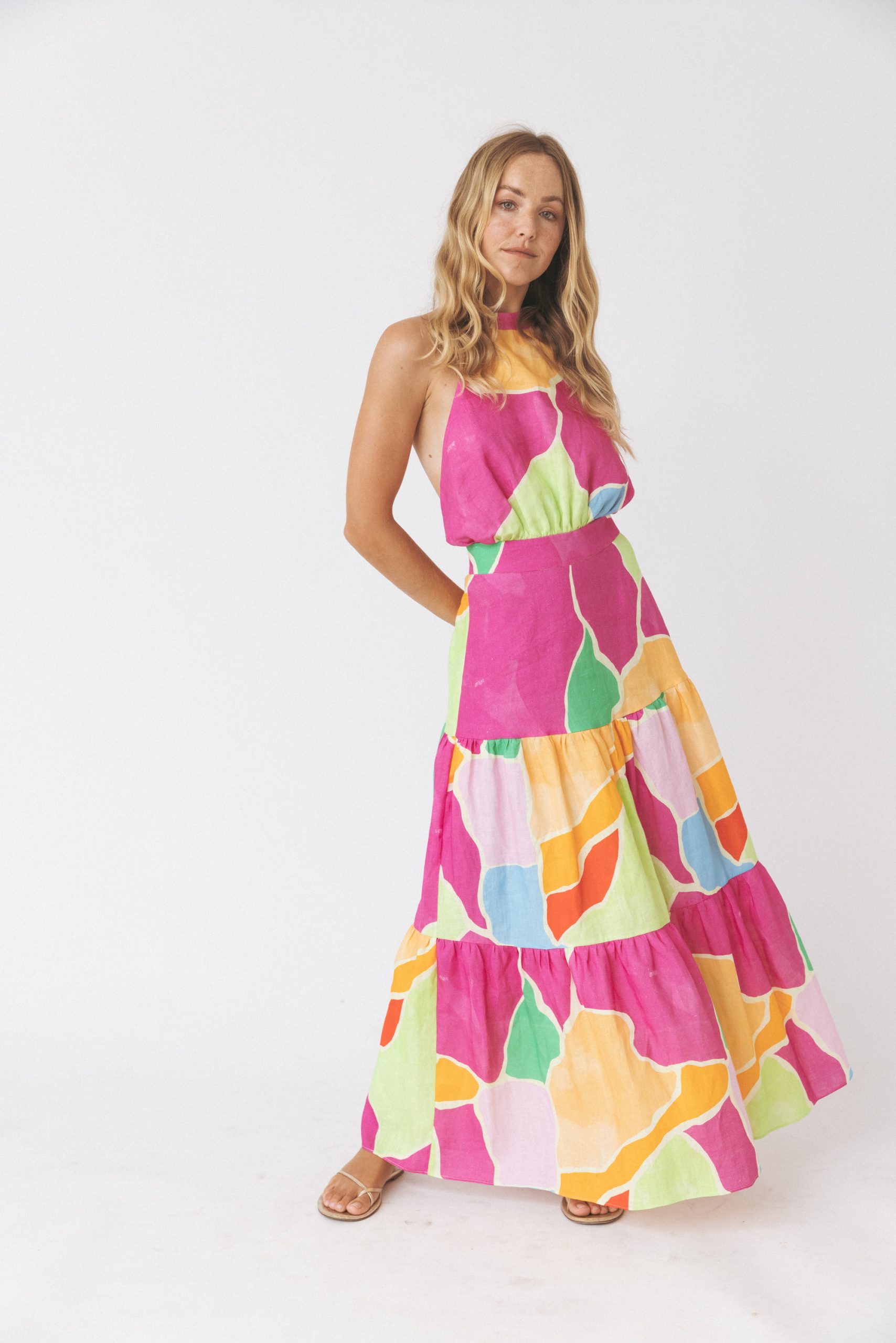 Vestido em Linho sem Costas Azul-claro-2